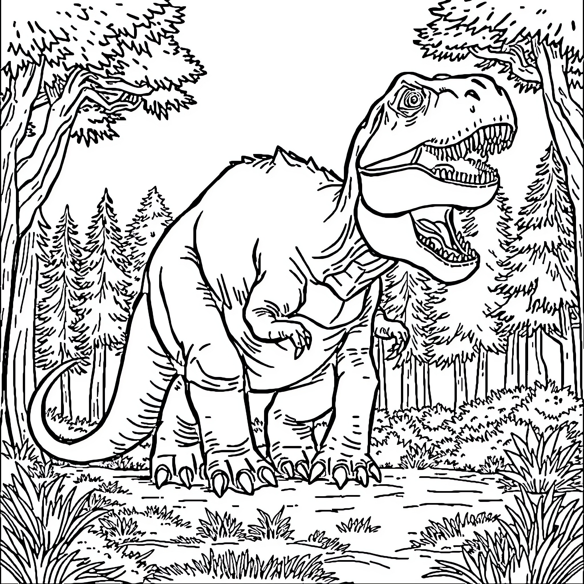 Dinosaur in a Lush Forest Landscape Coloring Page (free black-and-white line drawing printable PDF for all, from beginners to advanced learners, including children, teens, adults, and seniors)