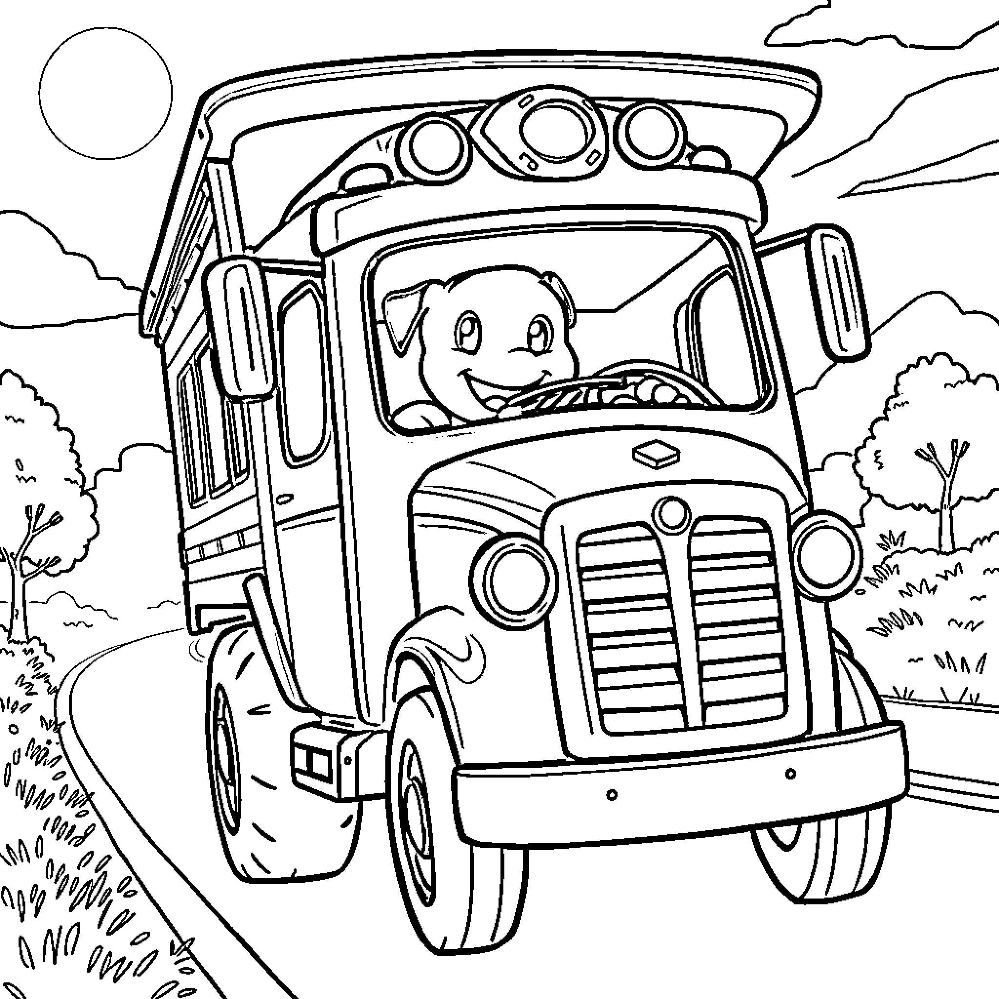 Marcus drives a cheerful bus through the countryside Coloring Page (free black-and-white line drawing printable PDF for all, from beginners to advanced learners, including children, teens, adults, and seniors)