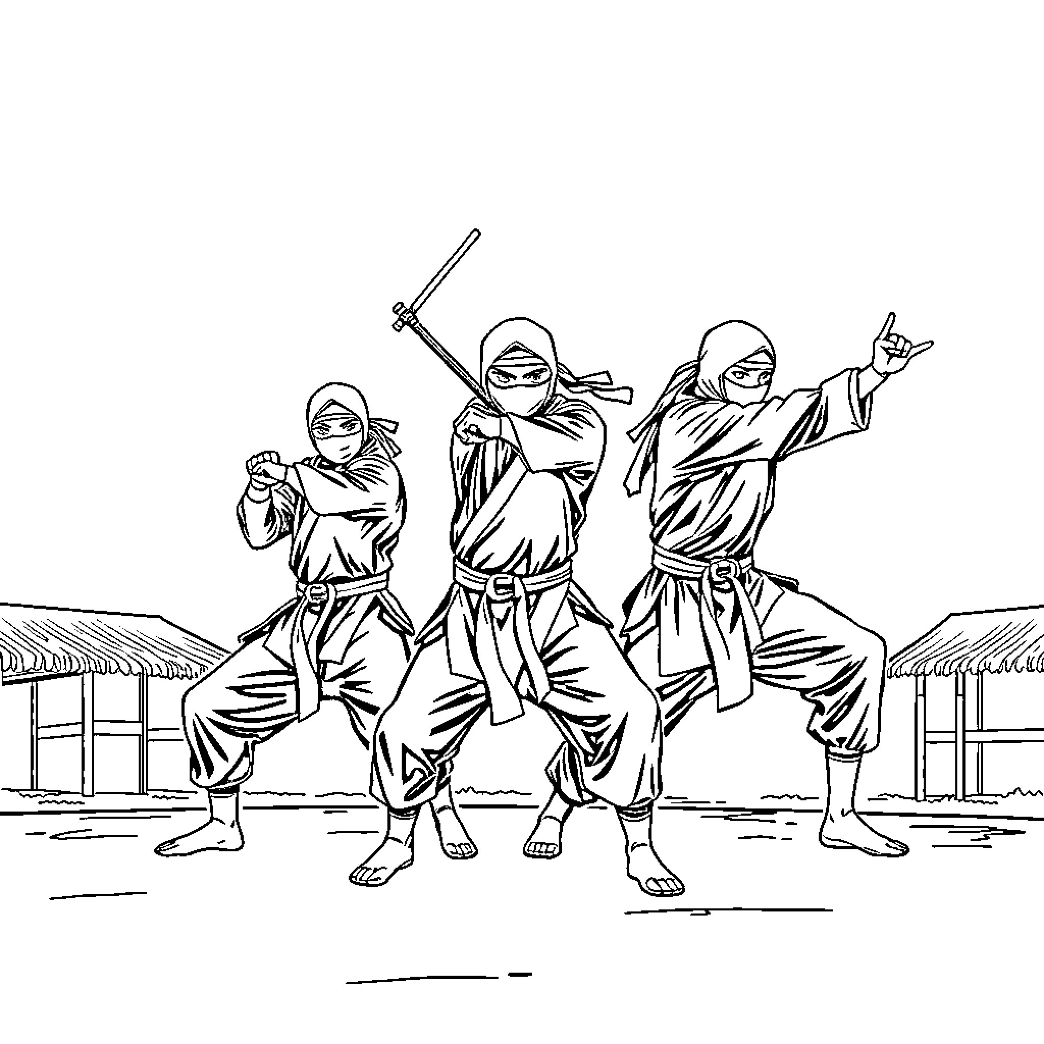 Ninja warriors in action posing outdoors Coloring Page (free black-and-white line drawing printable PDF for all, from beginners to advanced learners, including children, teens, adults, and seniors)
