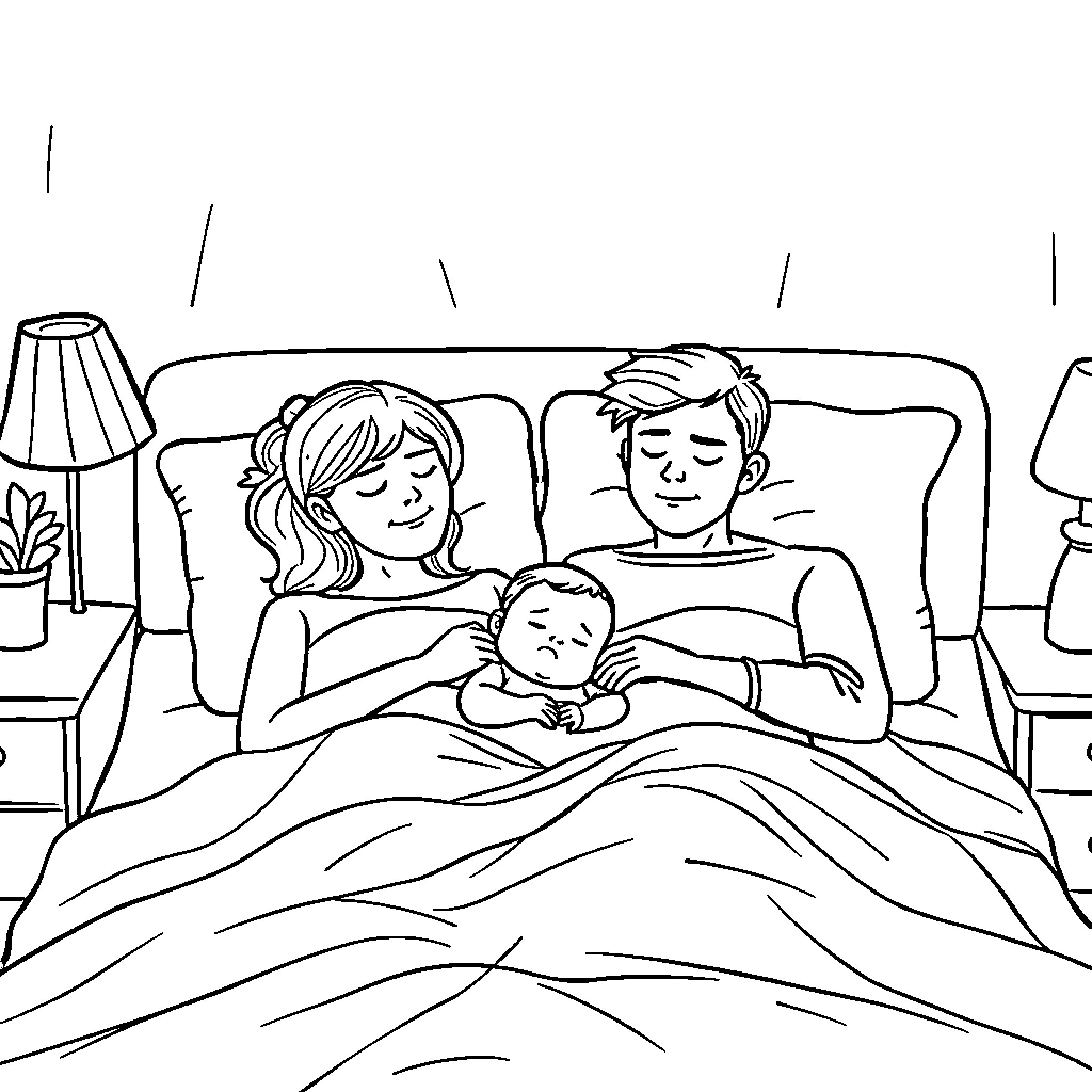 Family Relaxing Together at Home Coloring Page (free black-and-white line drawing printable PDF for all, from beginners to advanced learners, including children, teens, adults, and seniors)