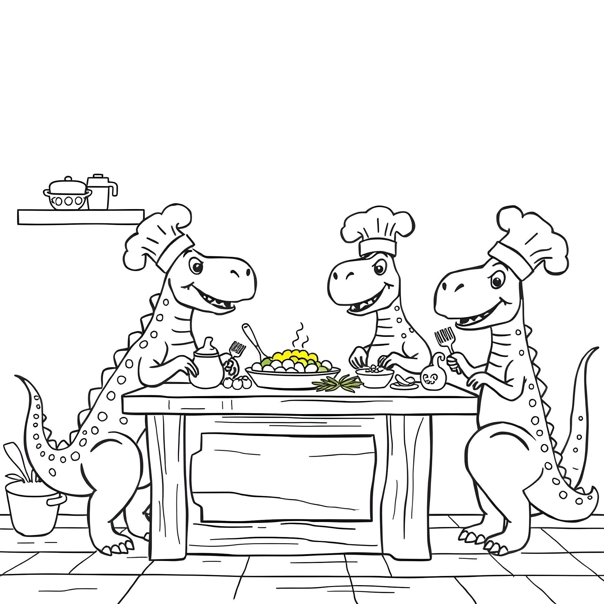 Dinosaur chefs cooking and preparing food in the kitchen Coloring Page (free black-and-white line drawing printable PDF for all, from beginners to advanced learners, including children, teens, adults, and seniors)