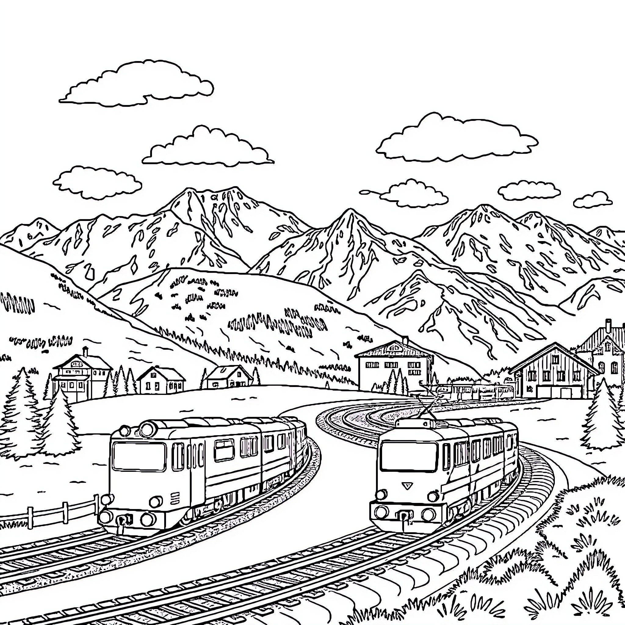 Train Journey Through Picturesque Mountain Landscape Coloring Page (free black-and-white line drawing printable PDF for all, from beginners to advanced learners, including children, teens, adults, and seniors)