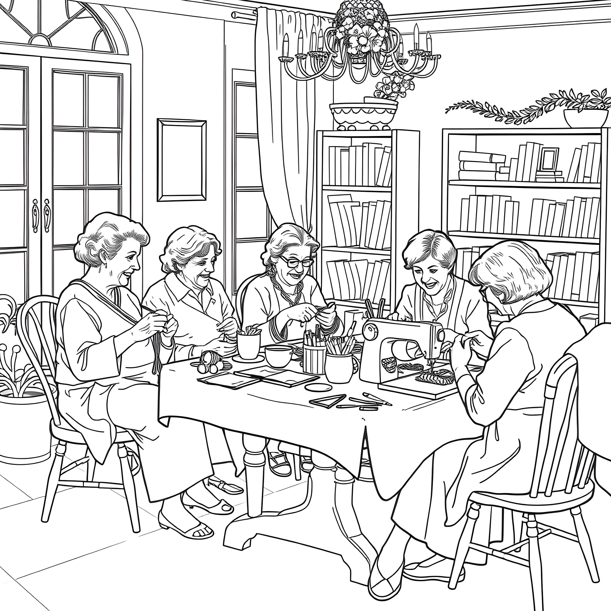 Lady friends enjoying tea time at the cozy home Coloring Page (free black-and-white line drawing printable PDF for all, from beginners to advanced learners, including children, teens, adults, and seniors)