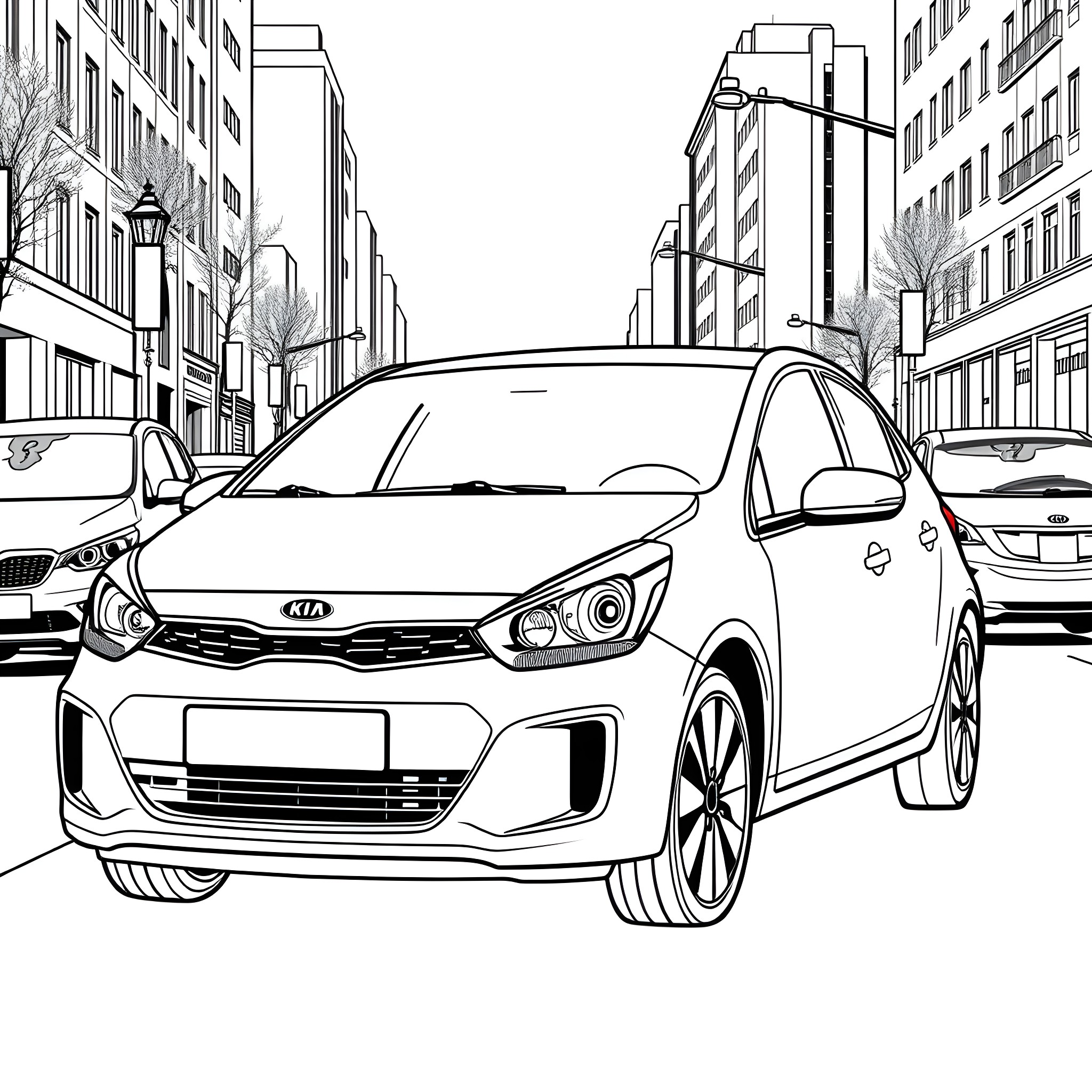 Kia Rio parked on city street Coloring Page (free black-and-white line drawing printable PDF for all, from beginners to advanced learners, including children, teens, adults, and seniors)