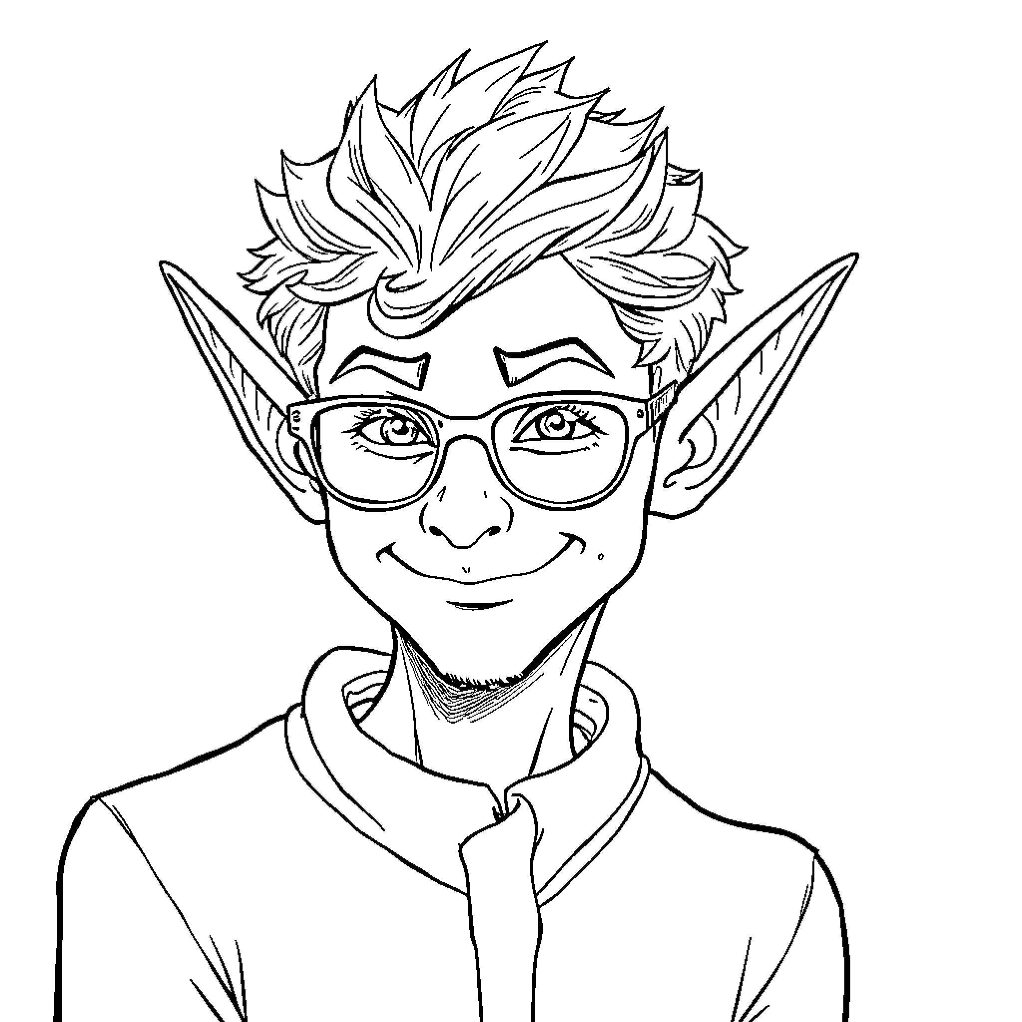 Elf with Glasses Smiling Cheerfully Coloring Page (free black-and-white line drawing printable PDF for all, from beginners to advanced learners, including children, teens, adults, and seniors)
