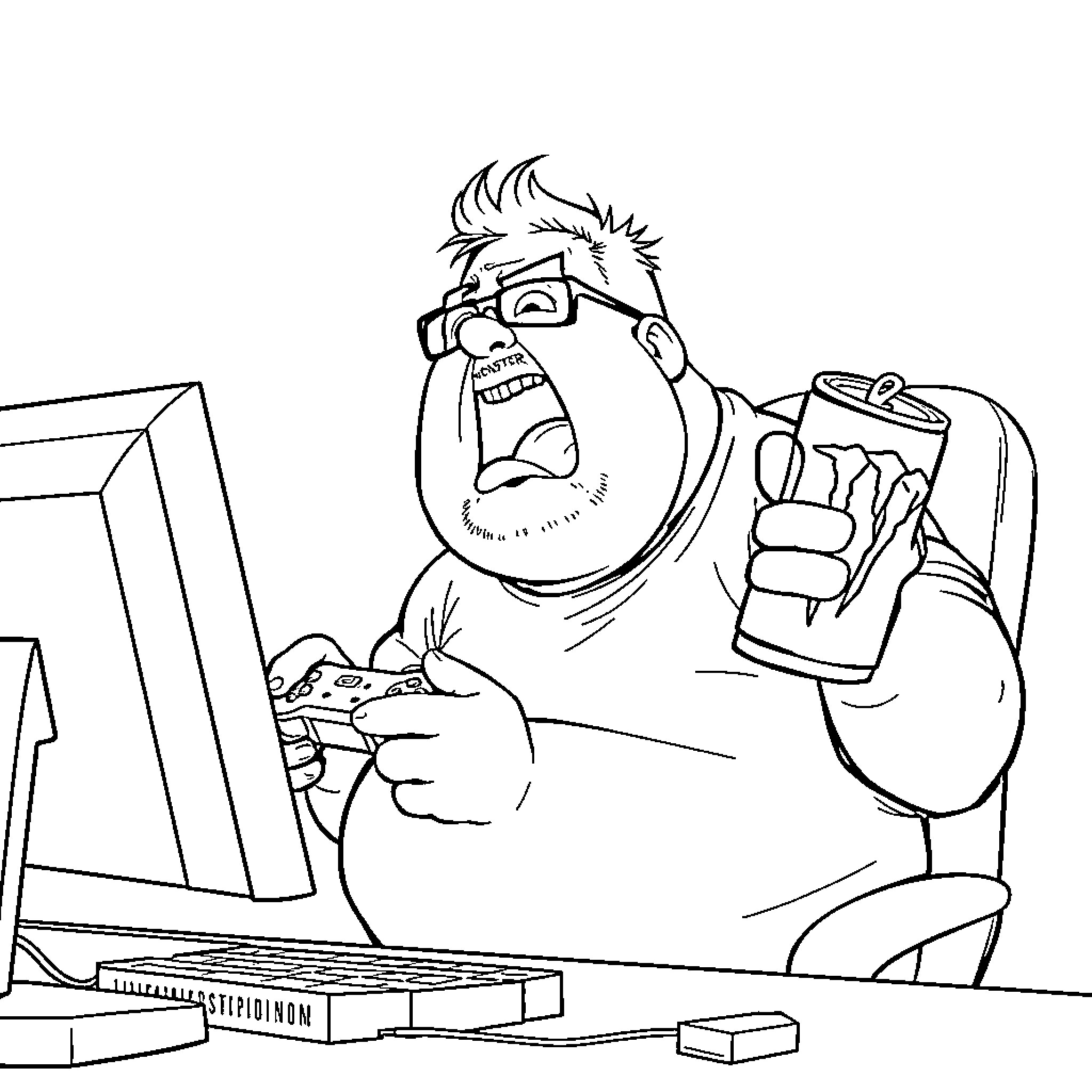 Gamer intensely focused on video game Coloring Page (free black-and-white line drawing printable PDF for all, from beginners to advanced learners, including children, teens, adults, and seniors)