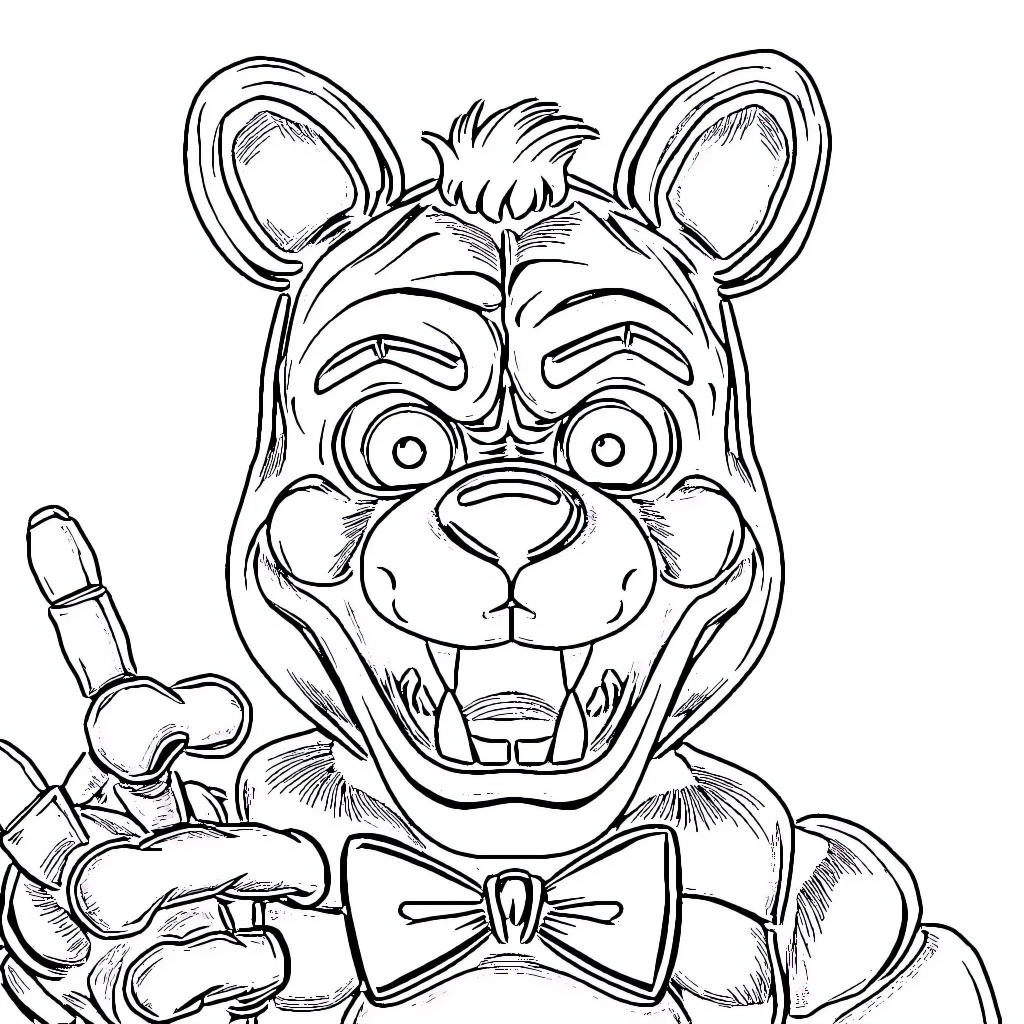 Freddy Fazbear in Frightening Pose Coloring Page (free black-and-white line drawing printable PDF for all, from beginners to advanced learners, including children, teens, adults, and seniors)