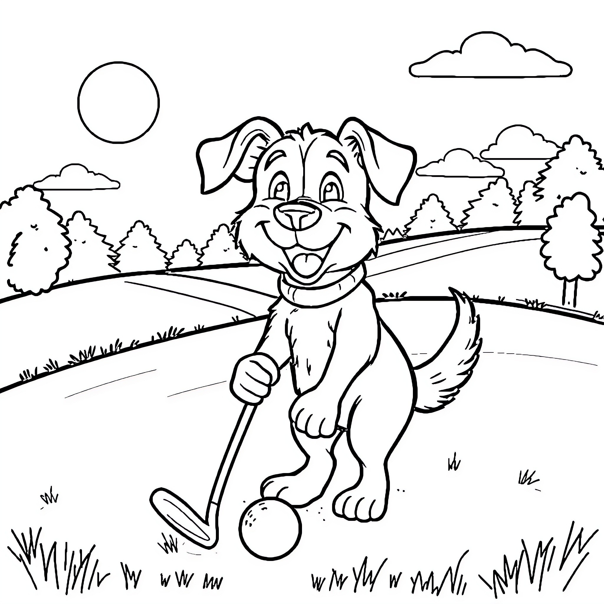 Dog playing with ball in scenic countryside Coloring Page (free black-and-white line drawing printable PDF for all, from beginners to advanced learners, including children, teens, adults, and seniors)