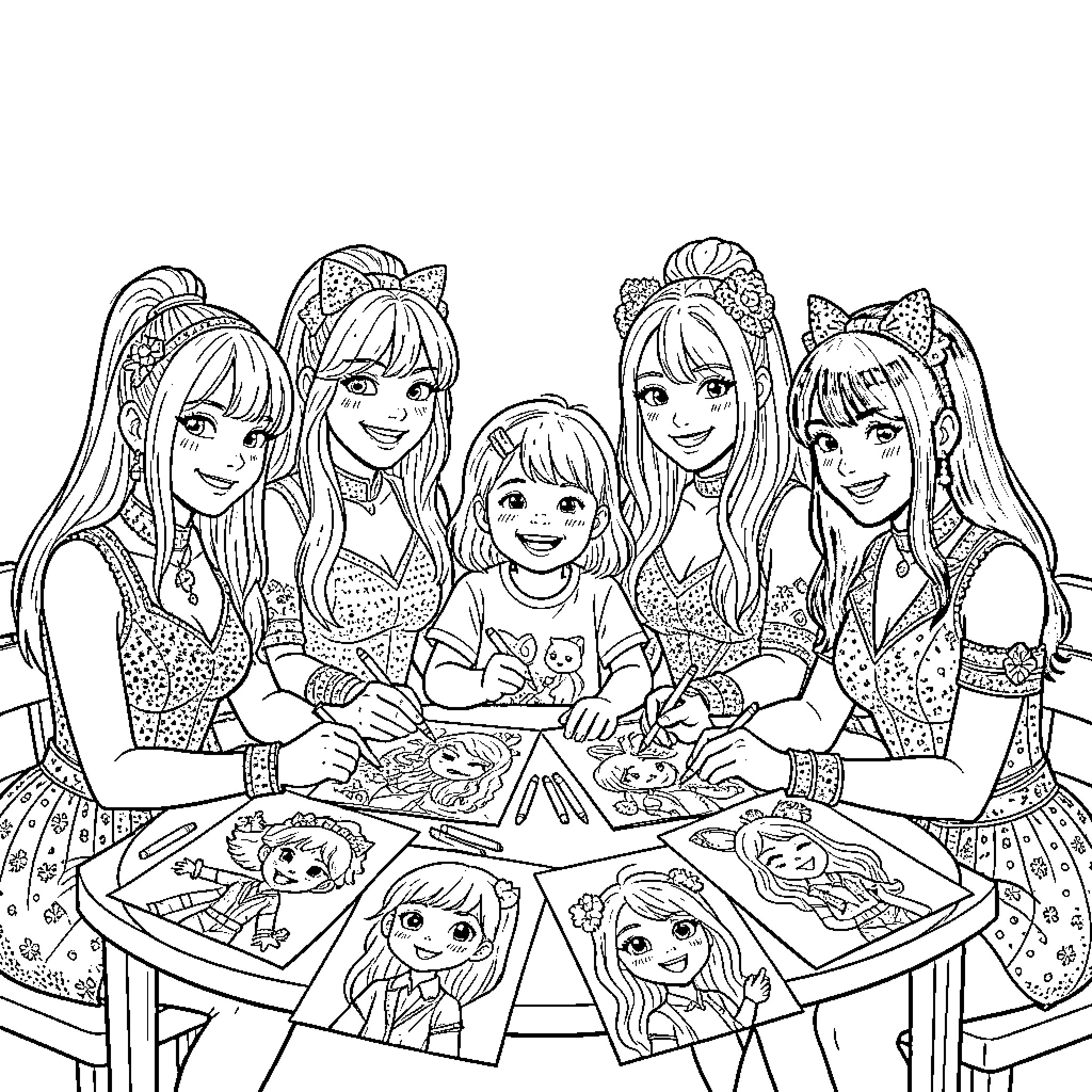 K Pop idols smiling with a young girl Coloring Page (free black-and-white line drawing printable PDF for all, from beginners to advanced learners, including children, teens, adults, and seniors)