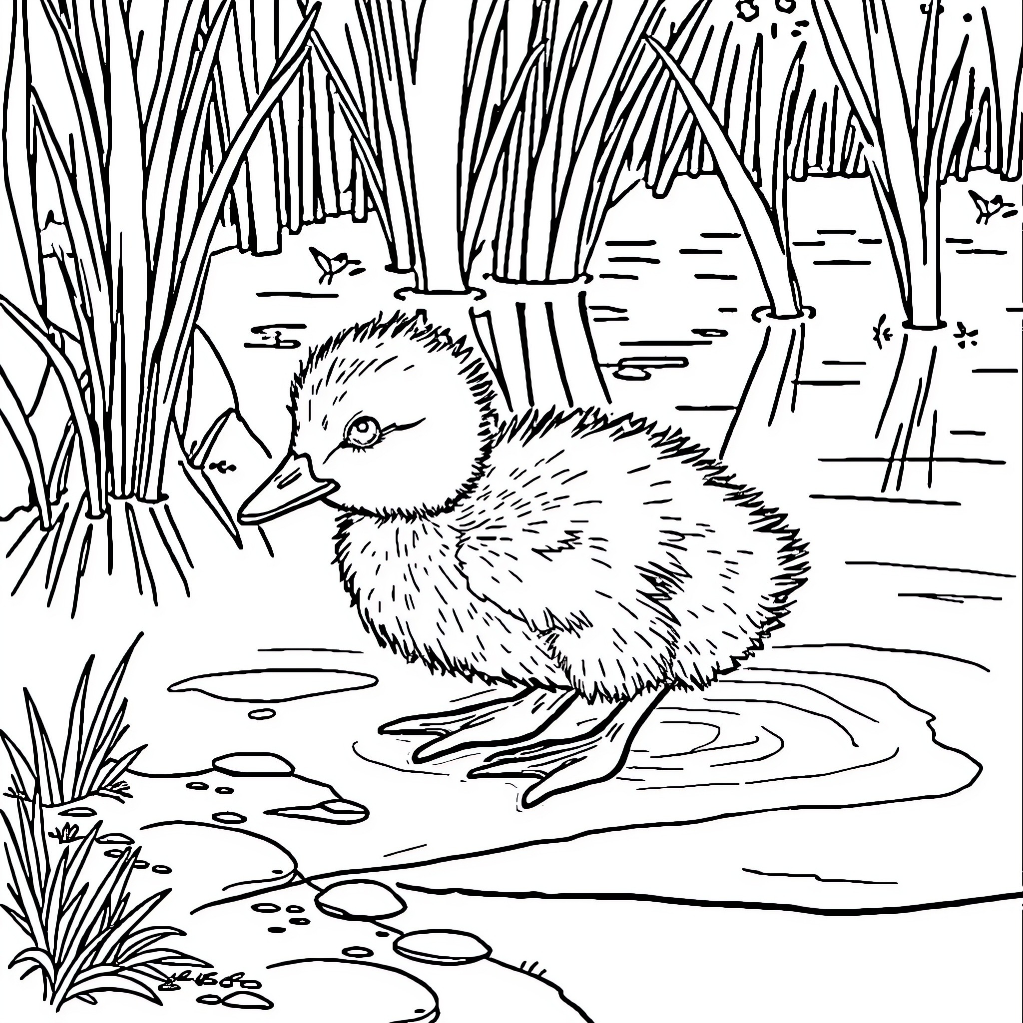 Duck exploring the pond in the woods Coloring Page (free black-and-white line drawing printable PDF for all, from beginners to advanced learners, including children, teens, adults, and seniors)