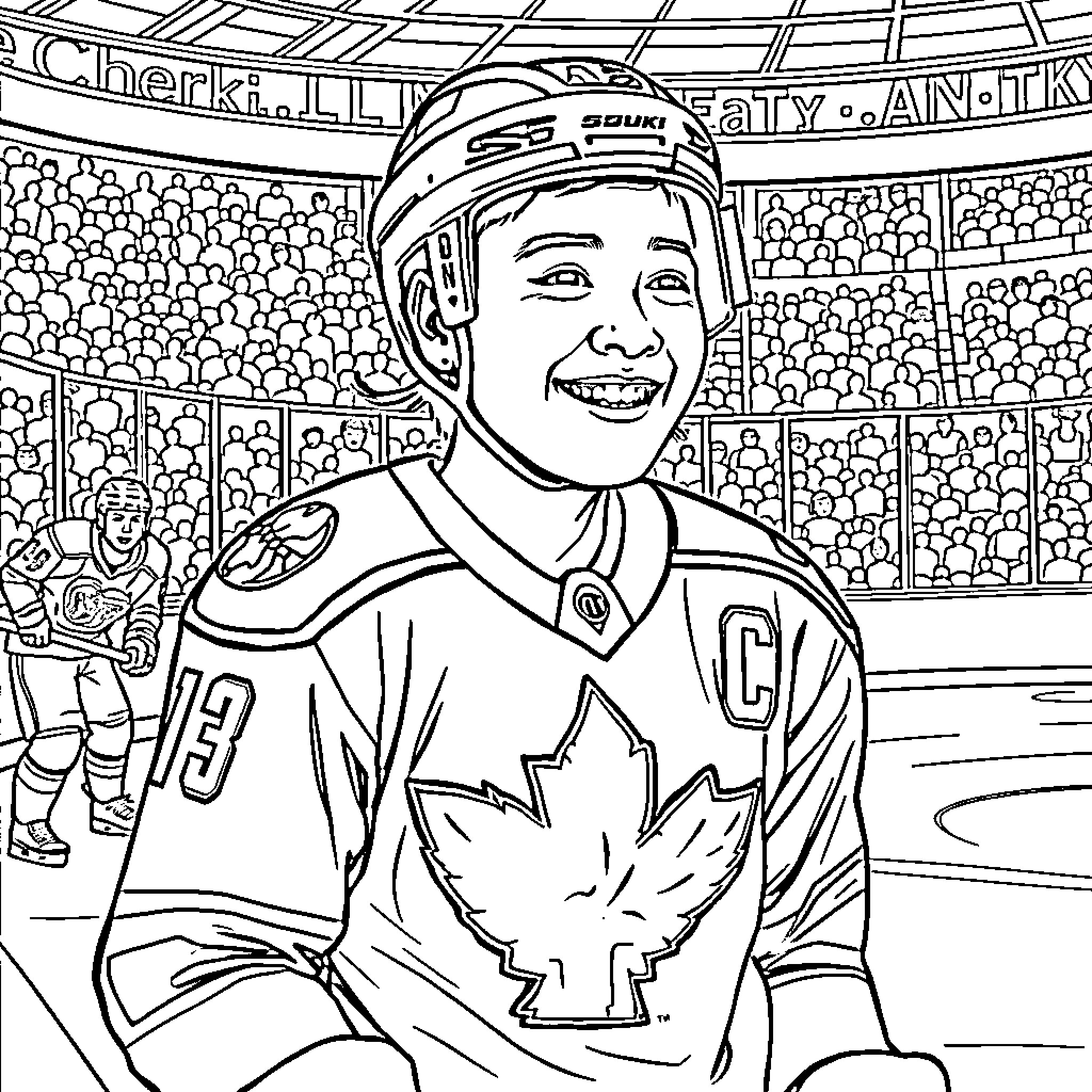 Nick Suzuki Smiling Happily on the Ice Hockey Rink Coloring Page (free black-and-white line drawing printable PDF for all, from beginners to advanced learners, including children, teens, adults, and seniors)