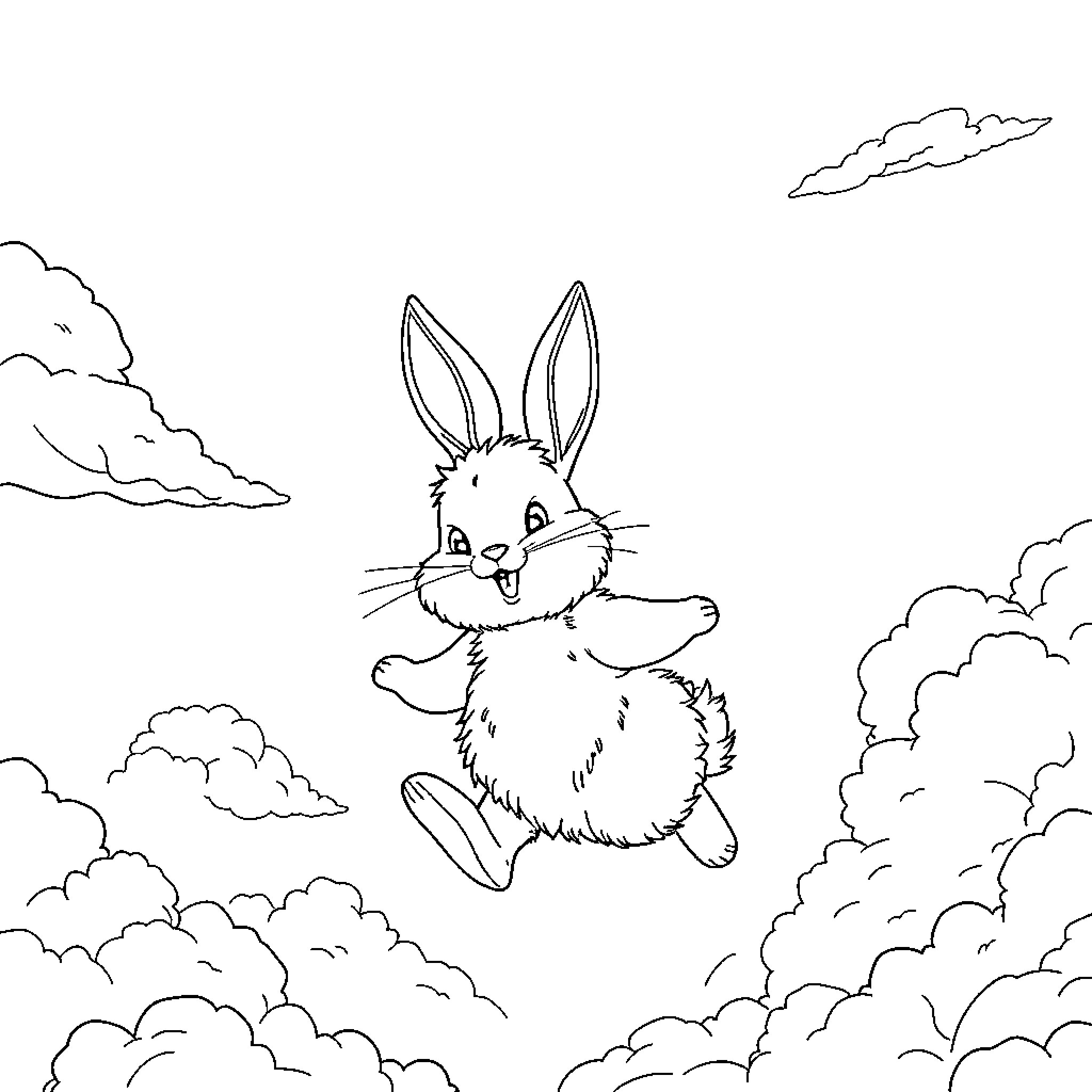 Bunny bouncing joyfully through the clouds Coloring Page (free black-and-white line drawing printable PDF for all, from beginners to advanced learners, including children, teens, adults, and seniors)
