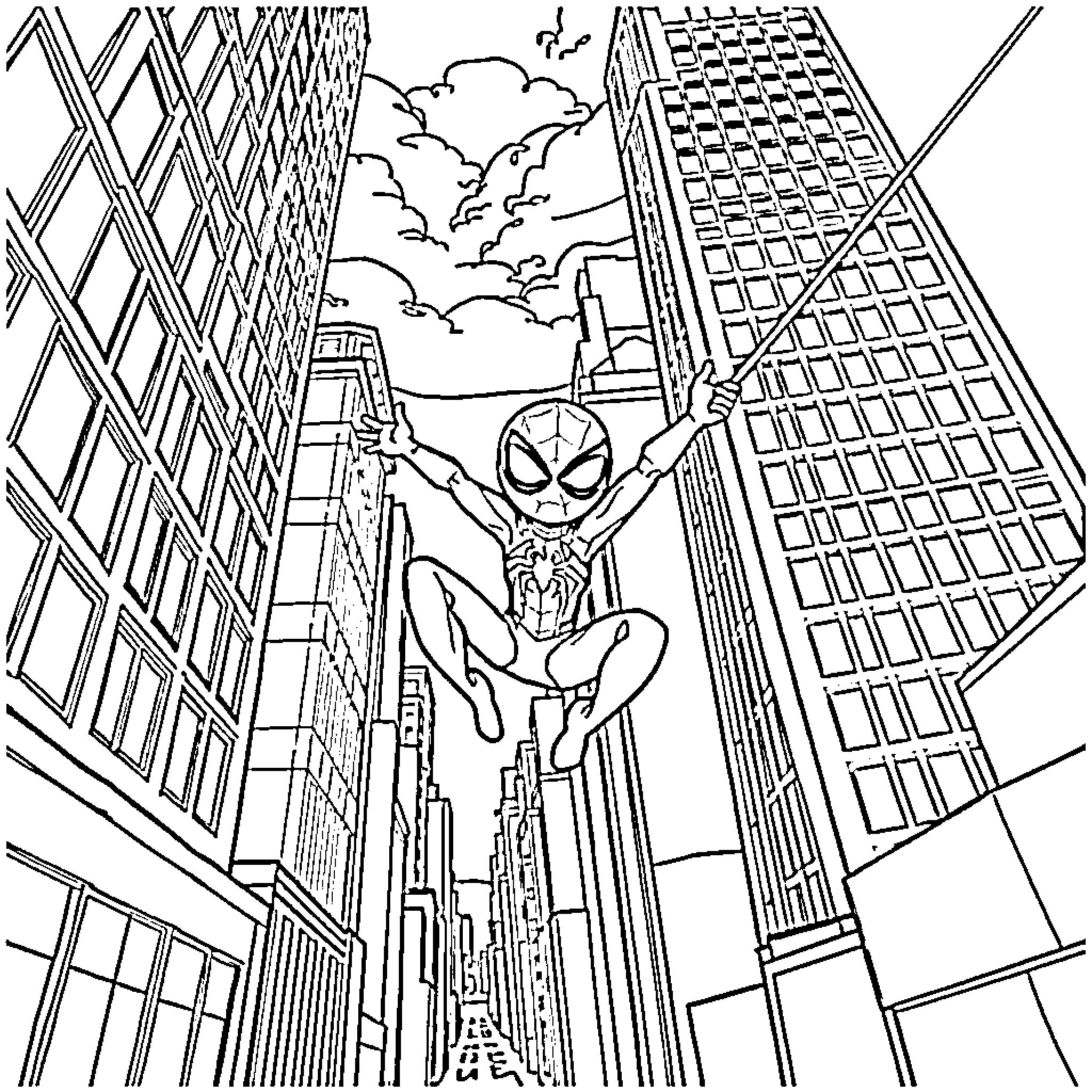 Spider-Man swinging through the city skyline Coloring Page (free black-and-white line drawing printable PDF for all, from beginners to advanced learners, including children, teens, adults, and seniors)