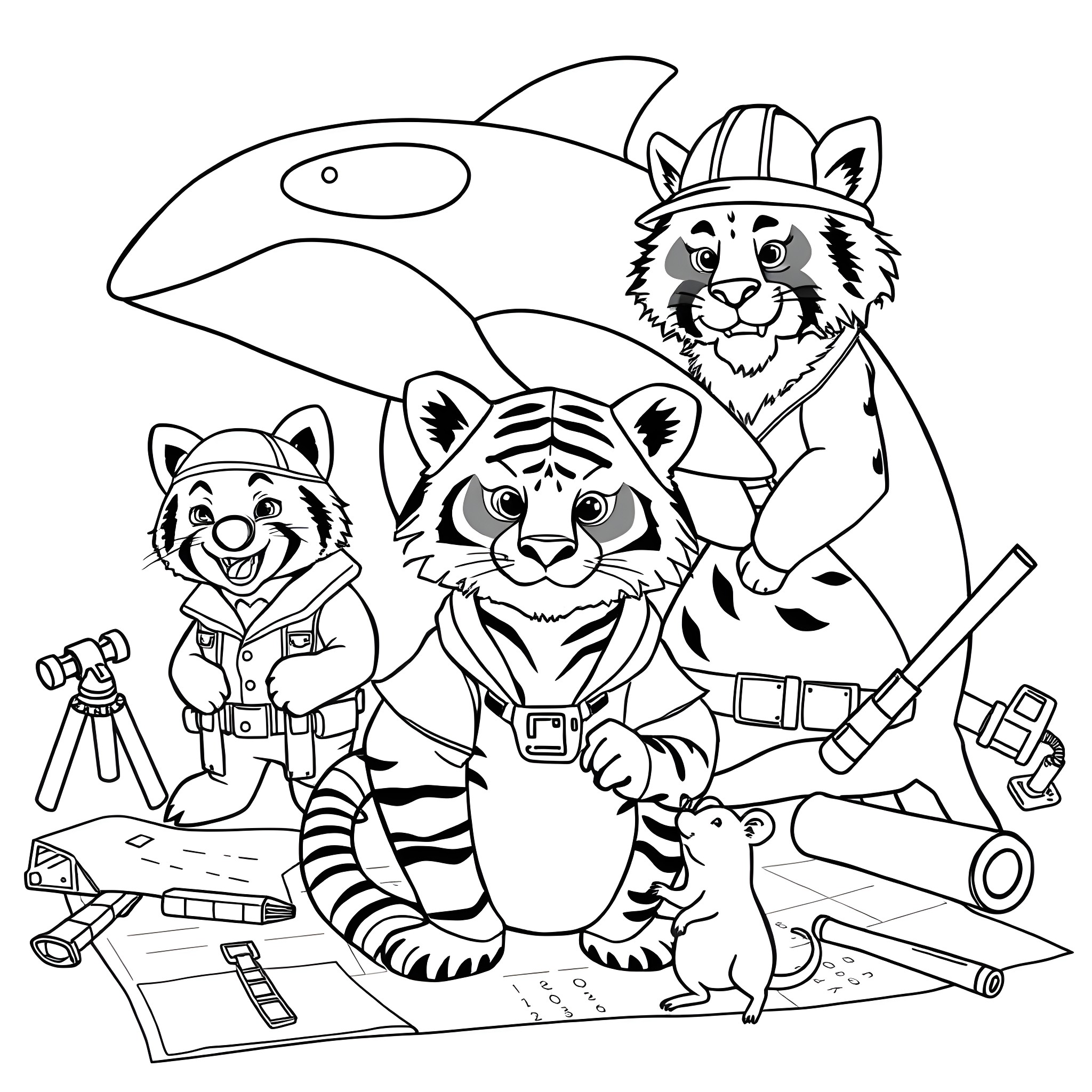 Animal construction workers building with tools and equipment Coloring Page (free black-and-white line drawing printable PDF for all, from beginners to advanced learners, including children, teens, adults, and seniors)