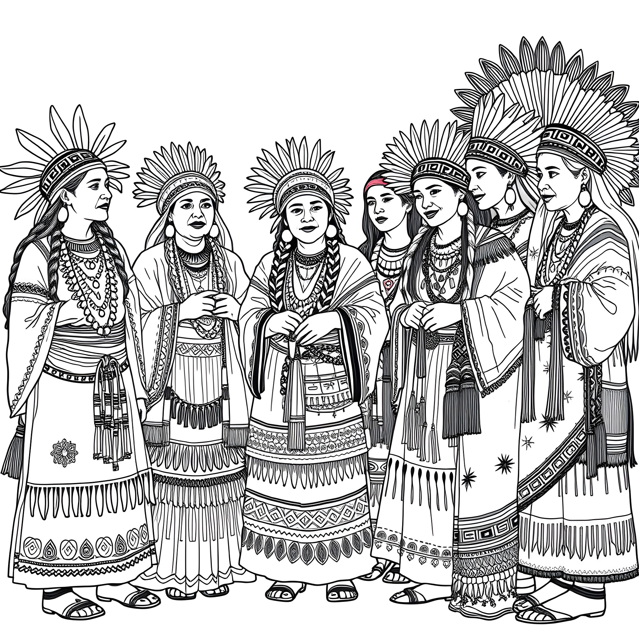 Indigenous Women in Traditional Ceremonial Attire Coloring Page (free black-and-white line drawing printable PDF for all, from beginners to advanced learners, including children, teens, adults, and seniors)