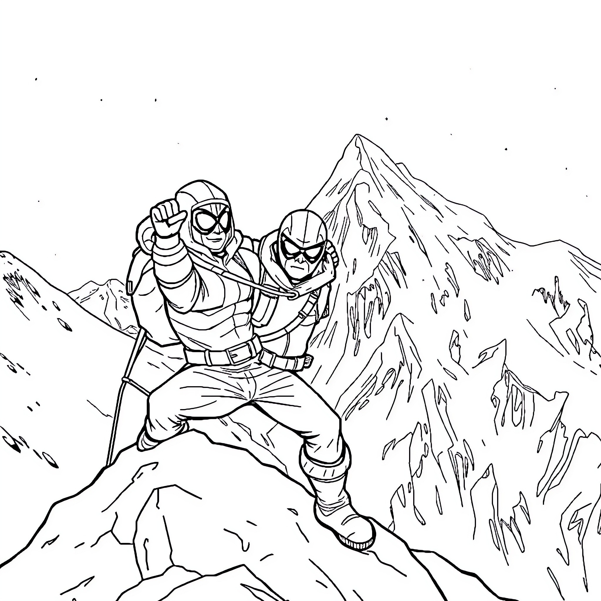 Homem-Aranha climbing the snowy mountain with companions Coloring Page (free black-and-white line drawing printable PDF for all, from beginners to advanced learners, including children, teens, adults, and seniors)