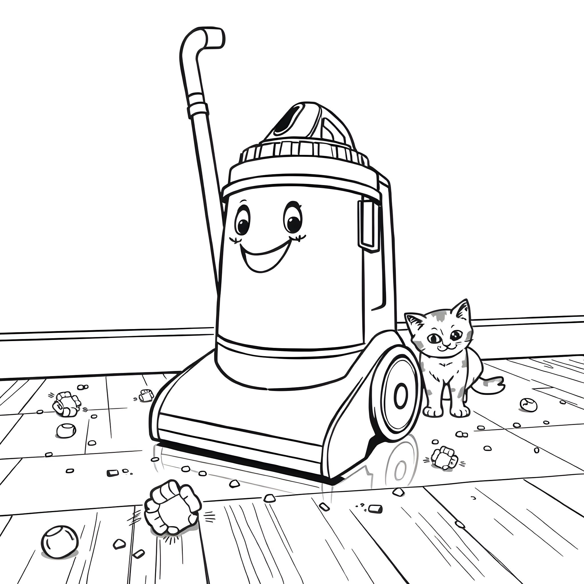 Henry the Vacuum Cleaner and the Curious Cat Coloring Page (free black-and-white line drawing printable PDF for all, from beginners to advanced learners, including children, teens, adults, and seniors)