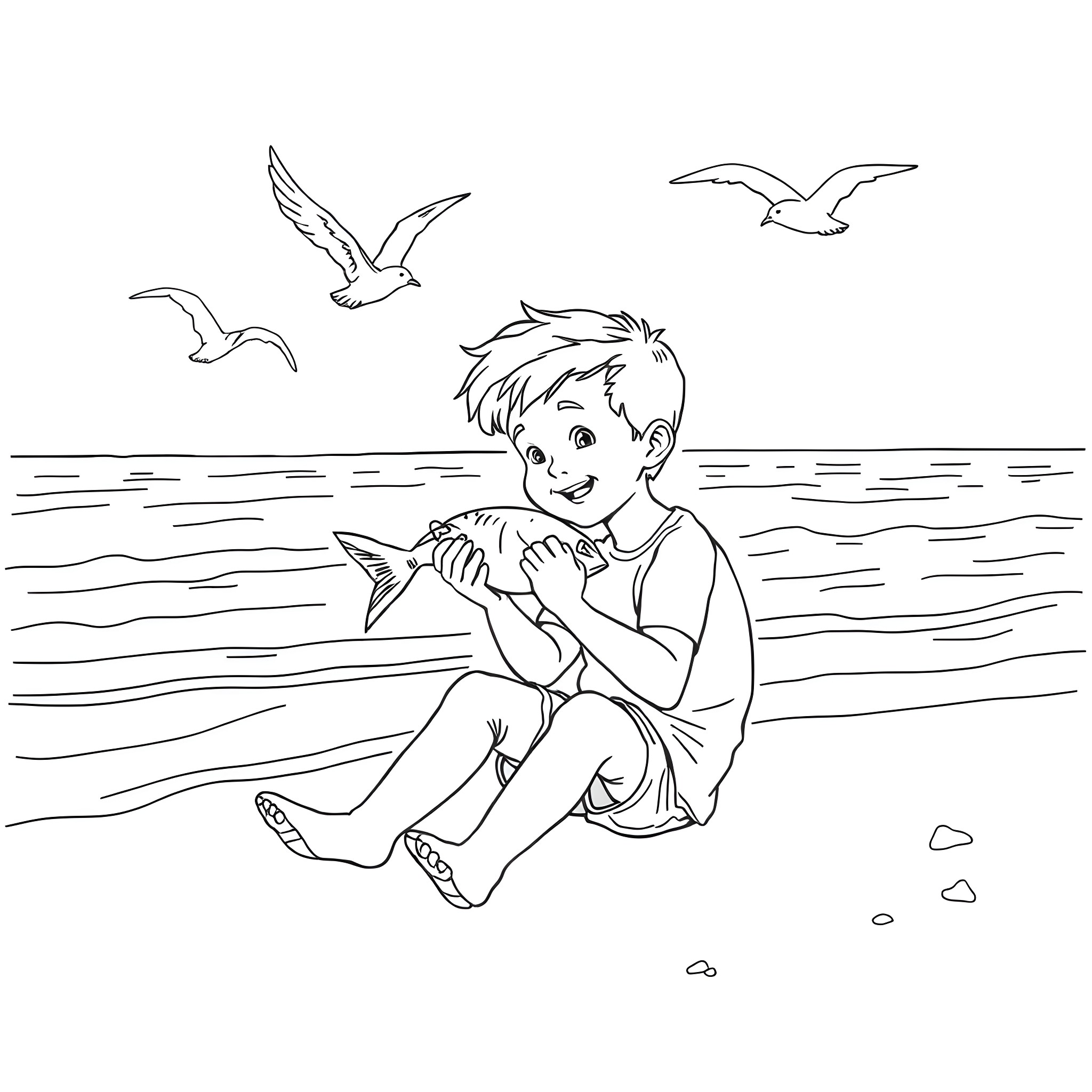 Luca playing with a fish by the beach Coloring Page (free black-and-white line drawing printable PDF for all, from beginners to advanced learners, including children, teens, adults, and seniors)