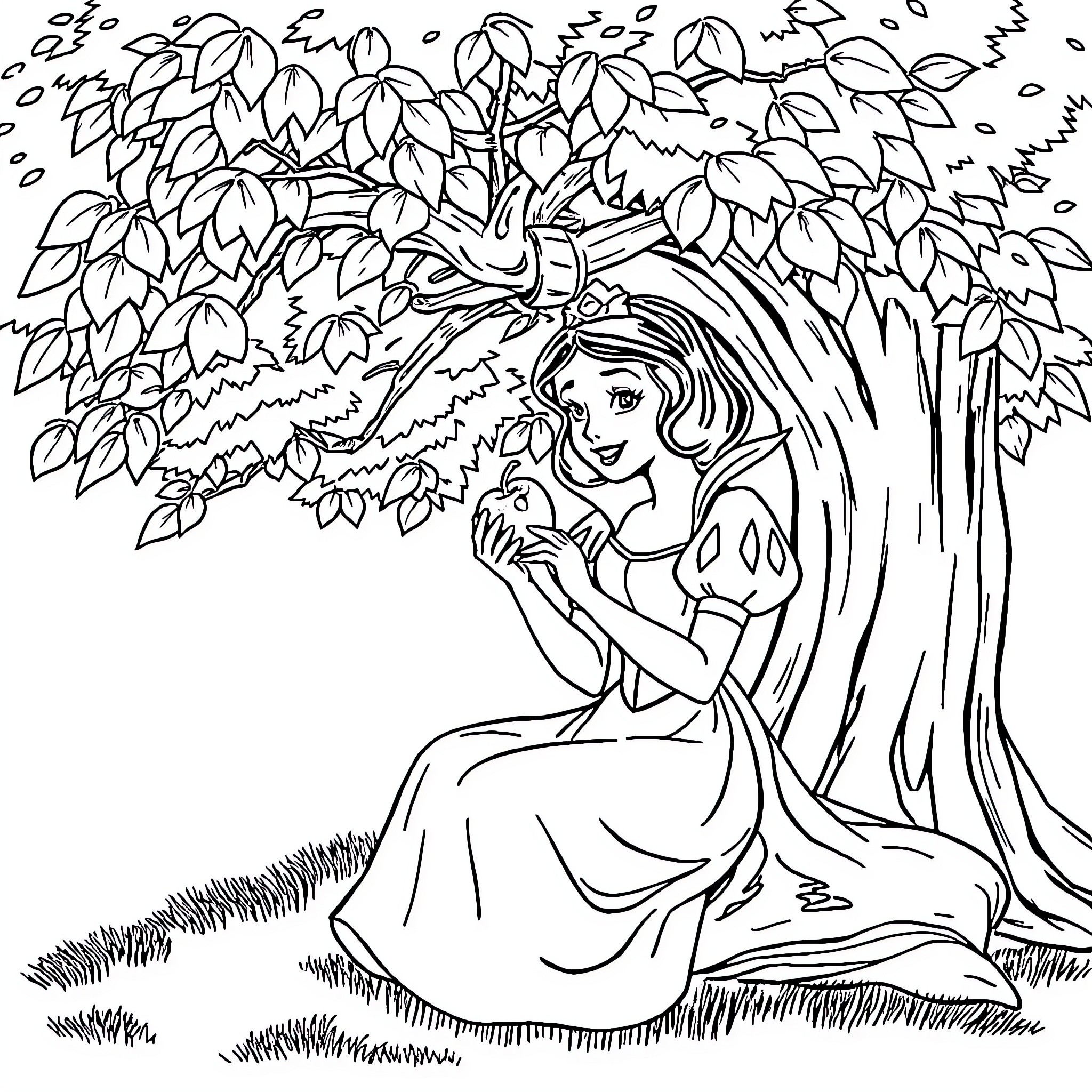 Princess Resting Beneath the Leafy Tree Coloring Page (free black-and-white line drawing printable PDF for all, from beginners to advanced learners, including children, teens, adults, and seniors)