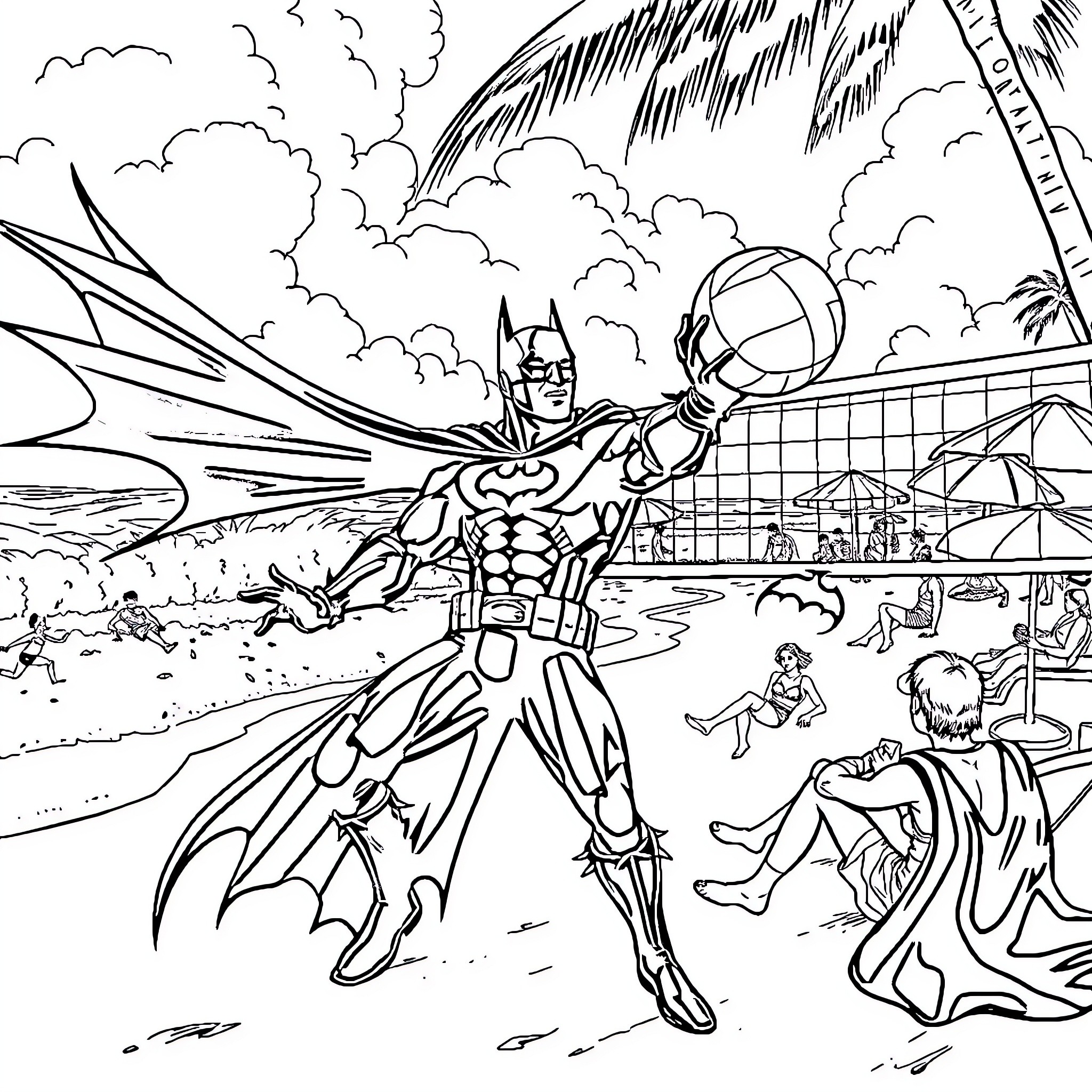 Batman in Action at the Beach Coloring Page (free black-and-white line drawing printable PDF for all, from beginners to advanced learners, including children, teens, adults, and seniors)
