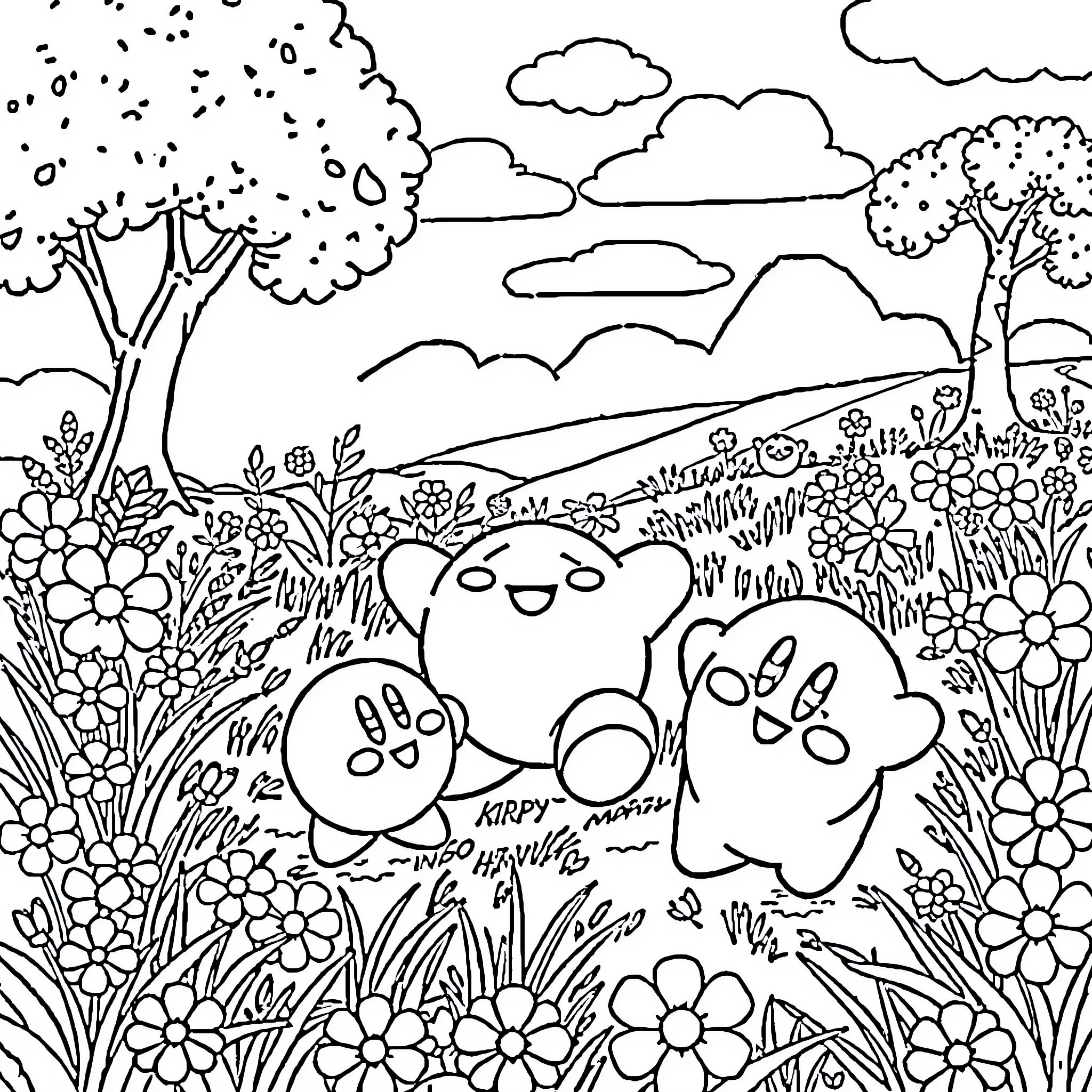Kirby enjoying a flower-filled outdoor scene Coloring Page (free black-and-white line drawing printable PDF for all, from beginners to advanced learners, including children, teens, adults, and seniors)