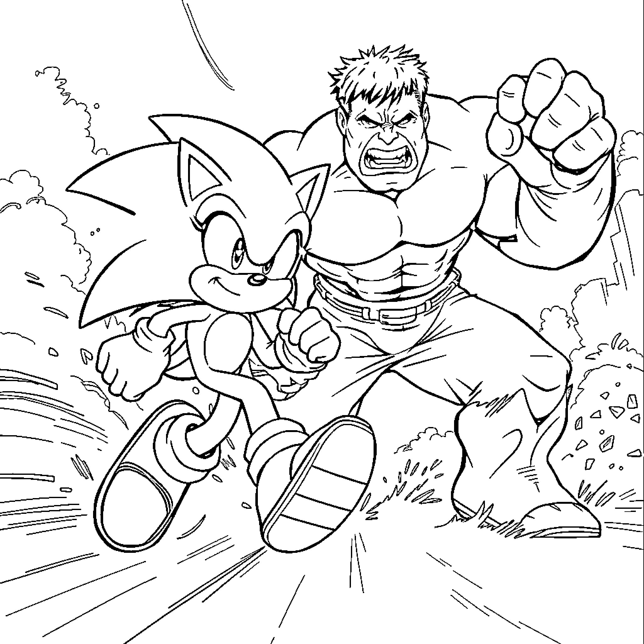 Sonic and Hulk-like Character Clash in Dramatic Scene Coloring Page (free black-and-white line drawing printable PDF for all, from beginners to advanced learners, including children, teens, adults, and seniors)