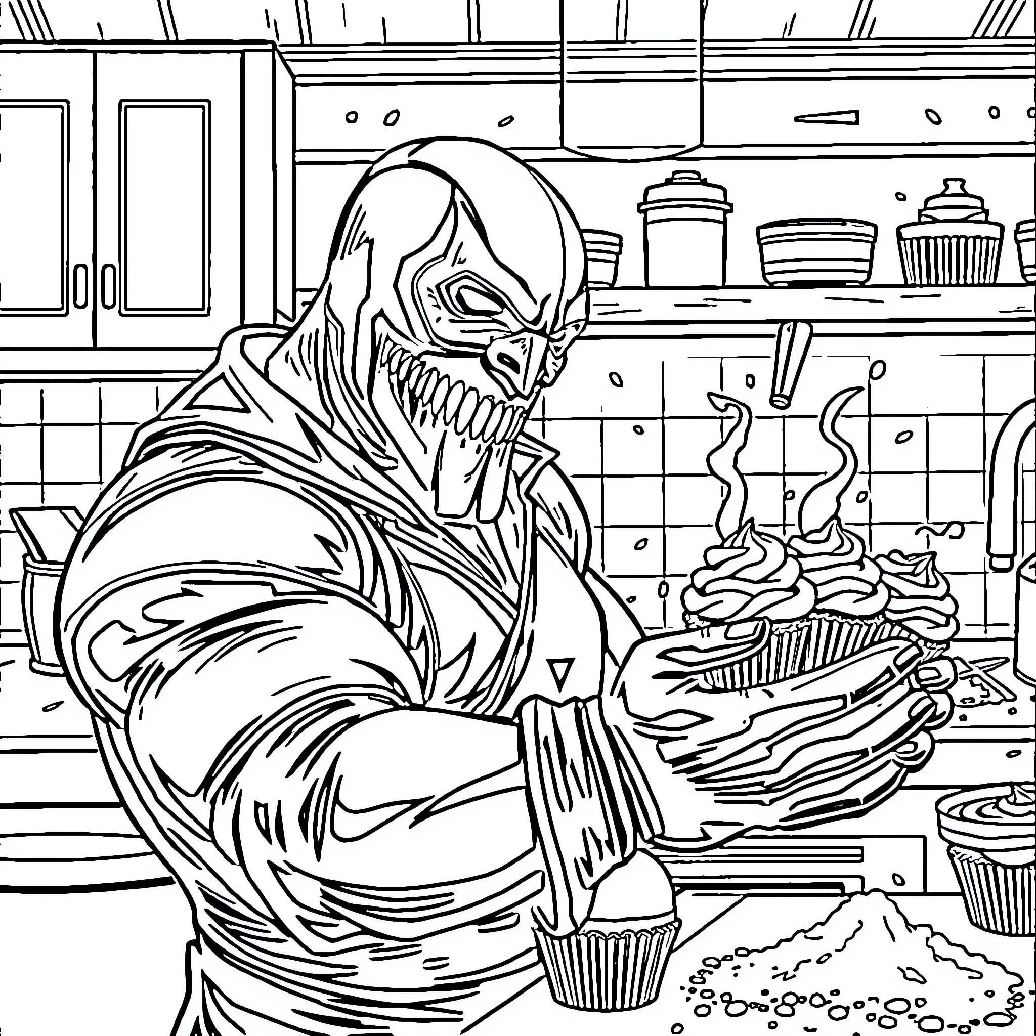 Bane's Culinary Pursuit in the Kitchen Coloring Page (free black-and-white line drawing printable PDF for all, from beginners to advanced learners, including children, teens, adults, and seniors)