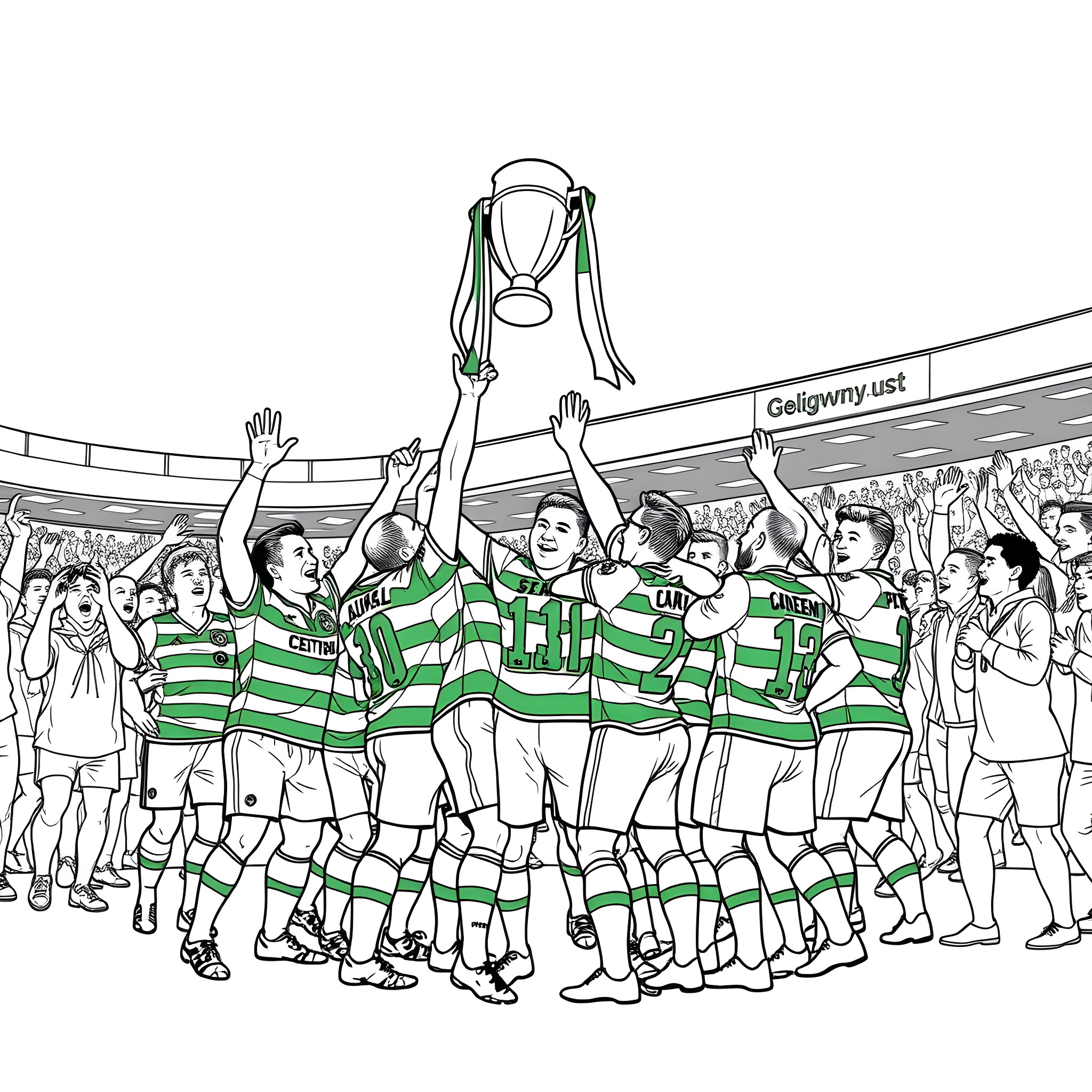 Celtic Footballers Celebrating Victory Trophy Coloring Page (free black-and-white line drawing printable PDF for all, from beginners to advanced learners, including children, teens, adults, and seniors)