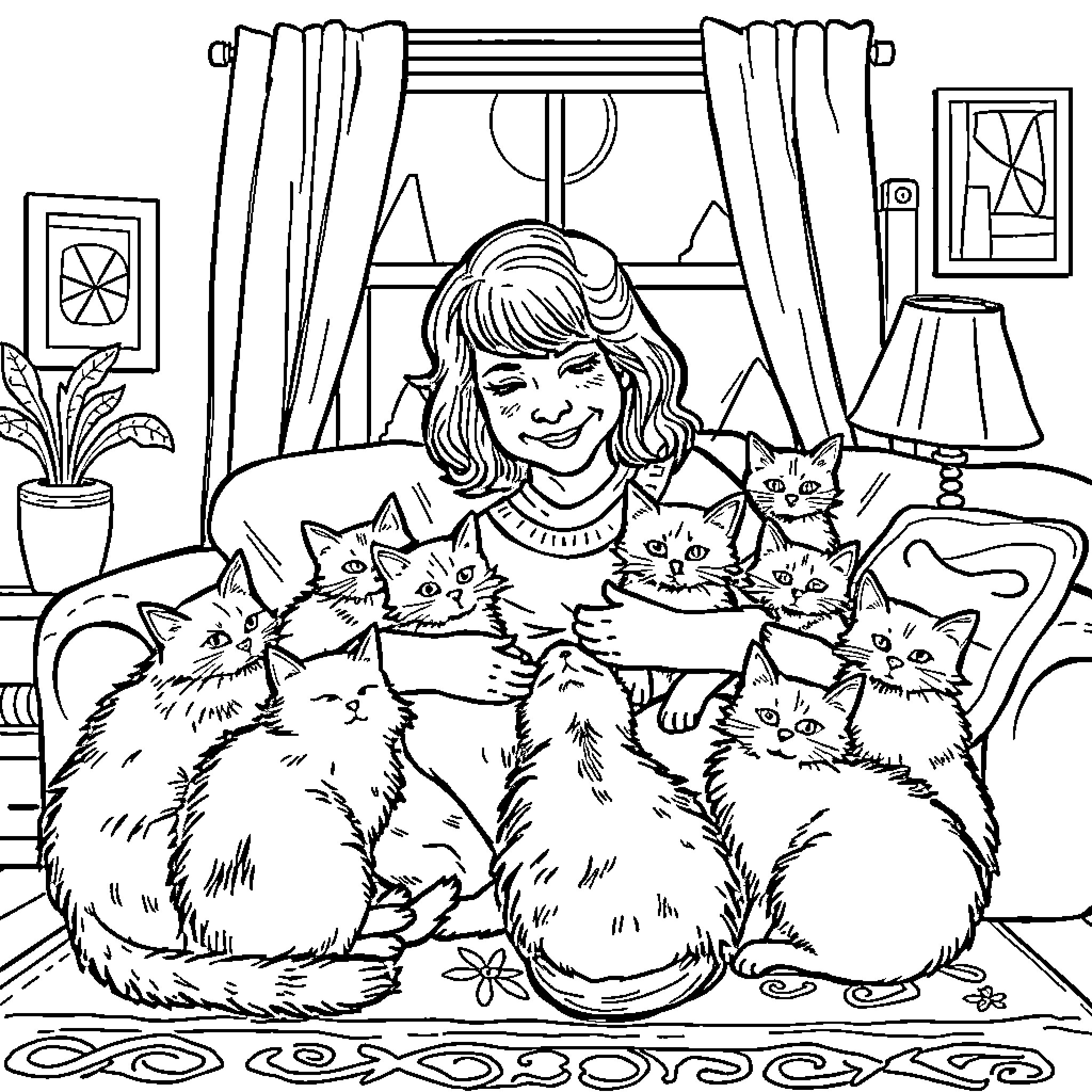 Lady Surrounded by Adorable Kittens in Cozy Room Coloring Page (free black-and-white line drawing printable PDF for all, from beginners to advanced learners, including children, teens, adults, and seniors)
