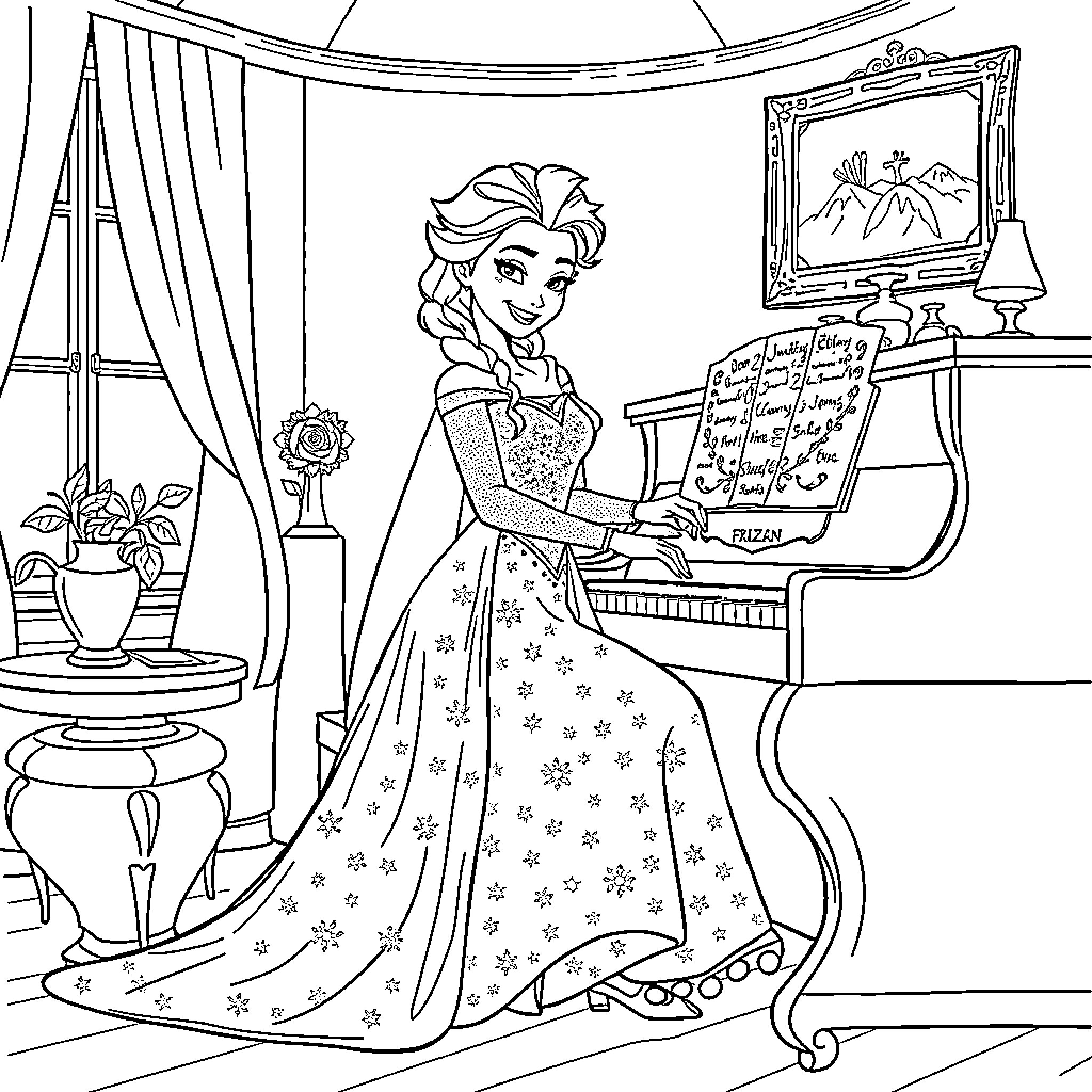 Elsa Playing Piano in Elegant Ballroom Setting Coloring Page (free black-and-white line drawing printable PDF for all, from beginners to advanced learners, including children, teens, adults, and seniors)