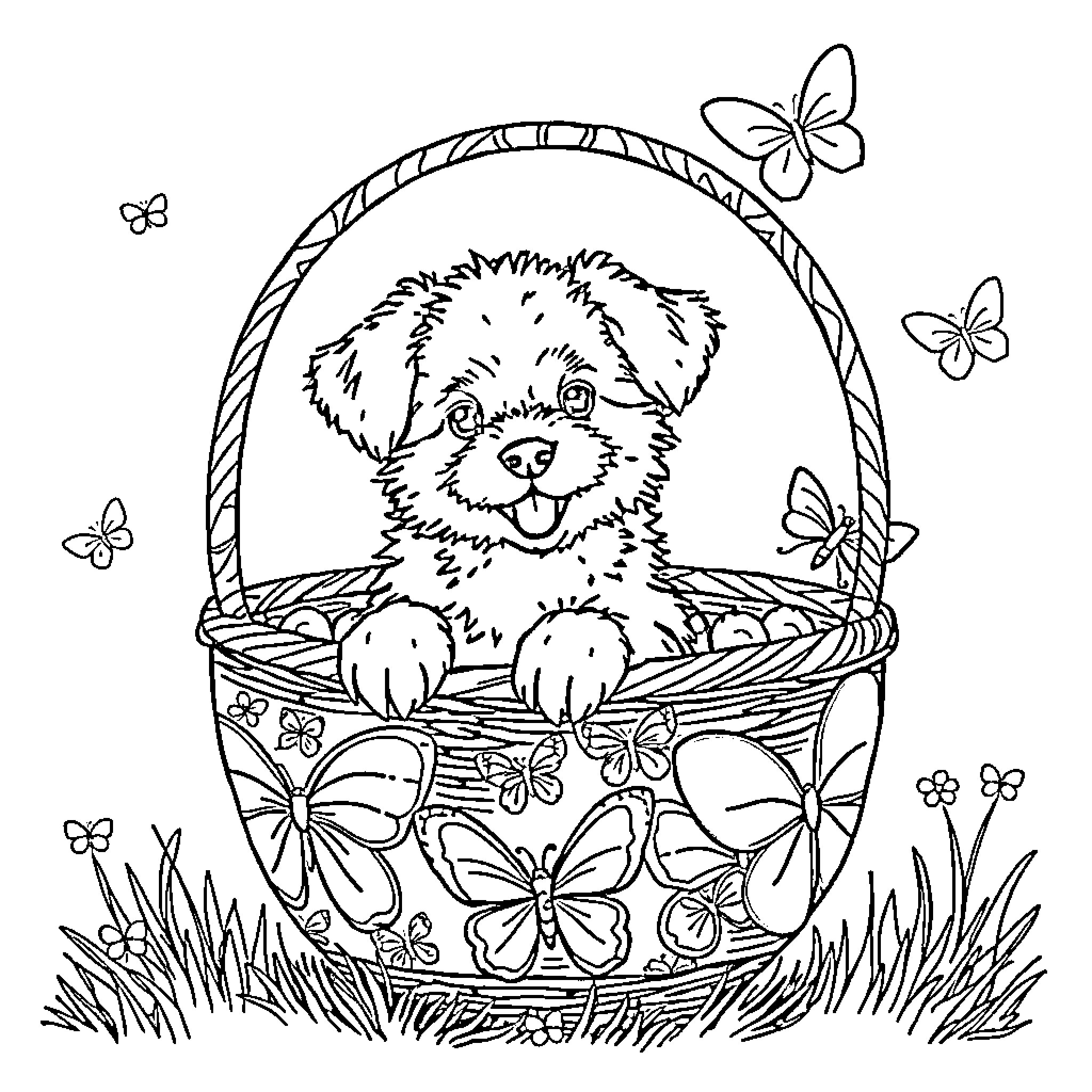 Puppy in a Basket with Butterflies Coloring Page (free black-and-white line drawing printable PDF for all, from beginners to advanced learners, including children, teens, adults, and seniors)
