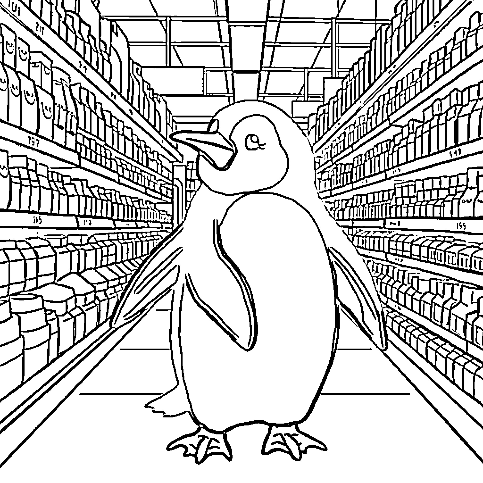 Penguin exploring the grocery store aisle Coloring Page (free black-and-white line drawing printable PDF for all, from beginners to advanced learners, including children, teens, adults, and seniors)