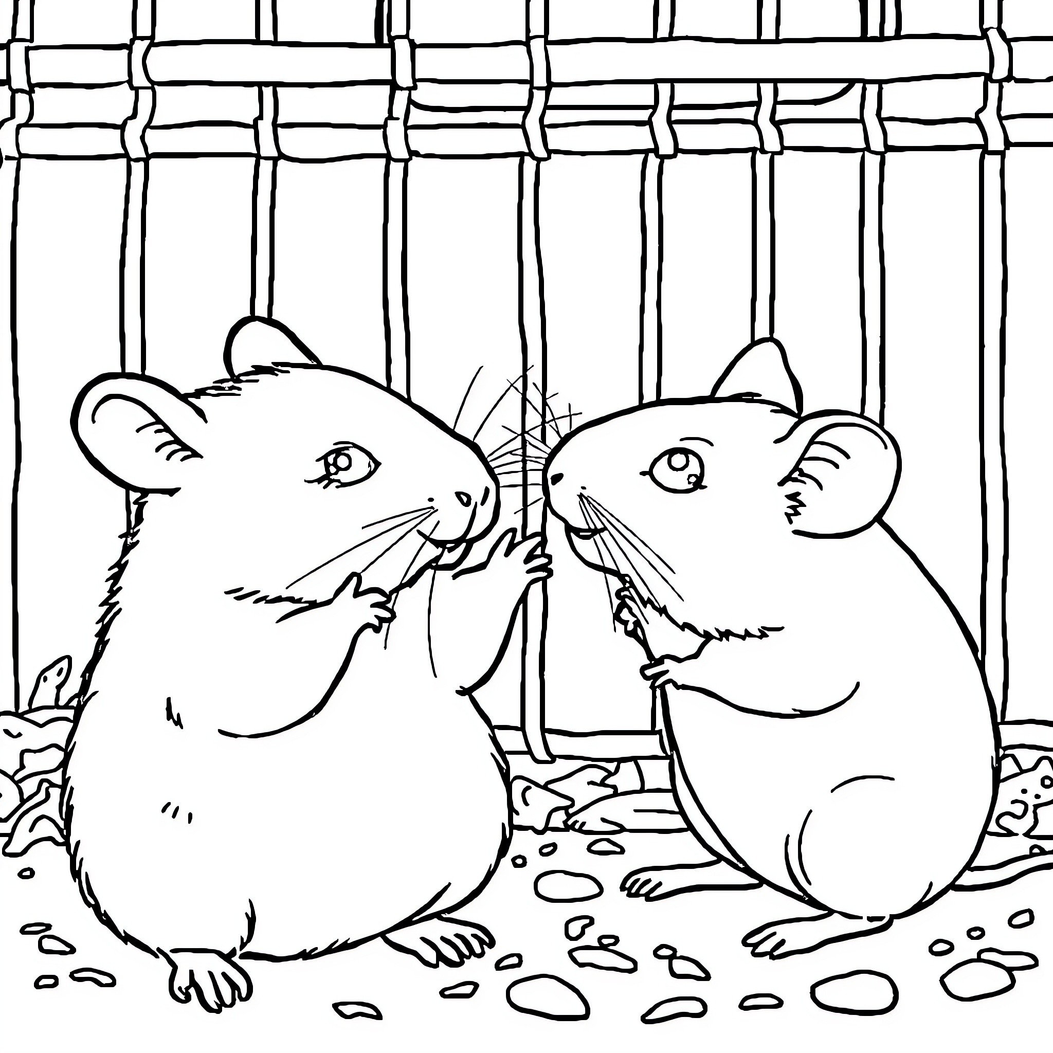 Hamsters playing together in a cozy habitat Coloring Page (free black-and-white line drawing printable PDF for all, from beginners to advanced learners, including children, teens, adults, and seniors)