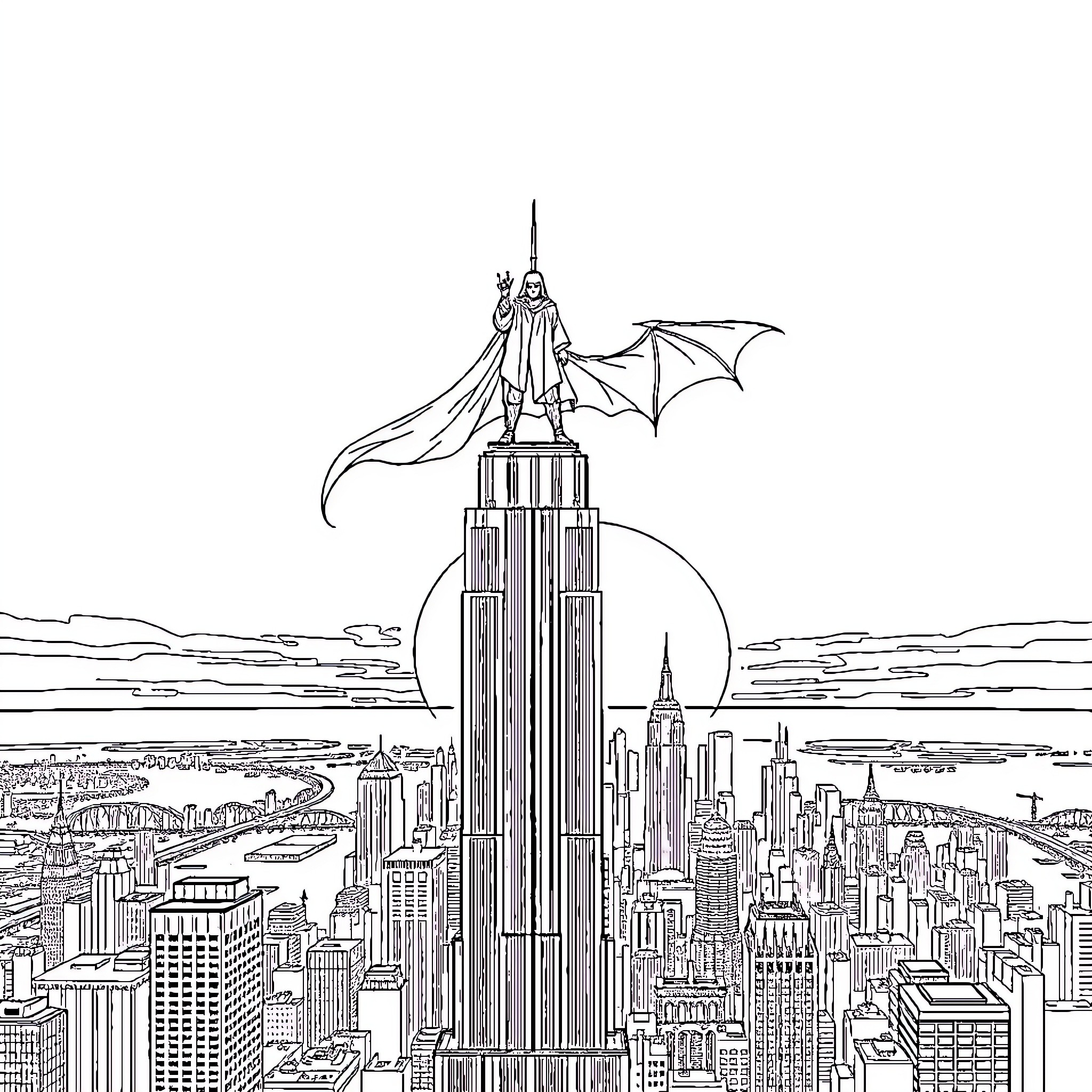 Rumi soaring over the city skyline Coloring Page (free black-and-white line drawing printable PDF for all, from beginners to advanced learners, including children, teens, adults, and seniors)