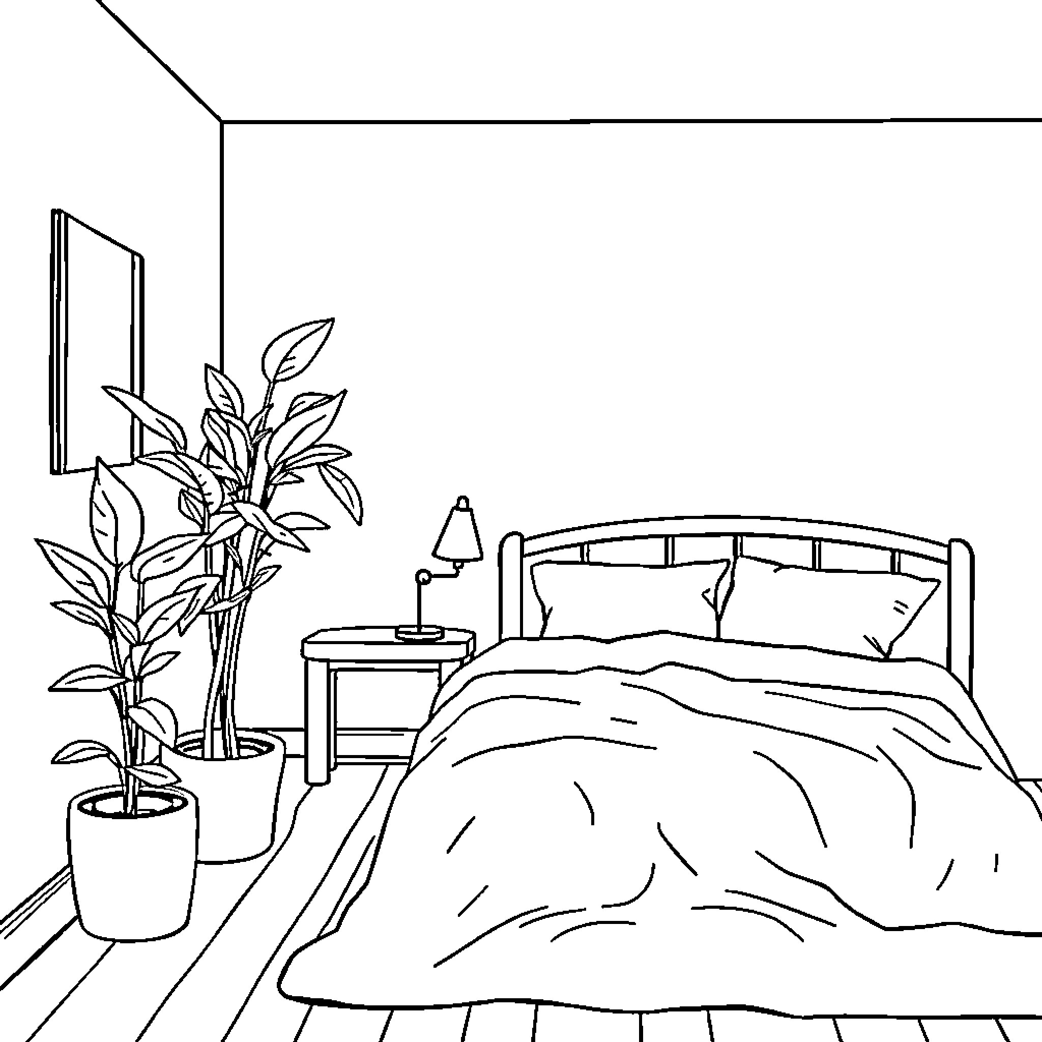 Room with Bed, Plant, and Nightstand Coloring Page (free black-and-white line drawing printable PDF for all, from beginners to advanced learners, including children, teens, adults, and seniors)