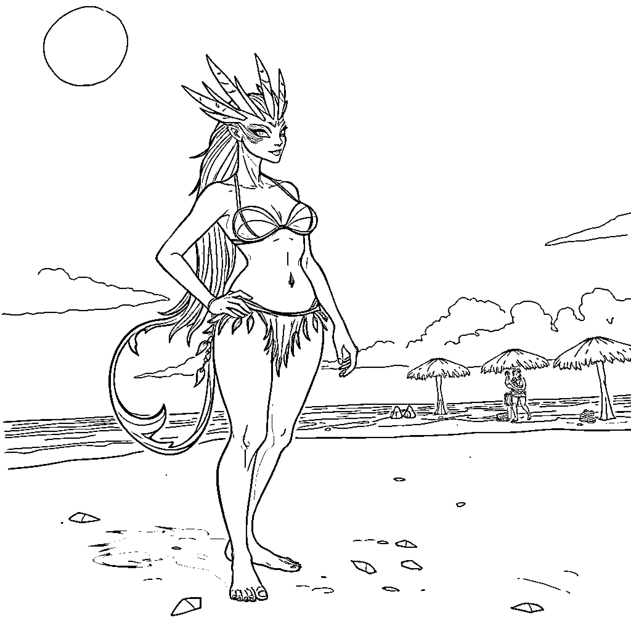 Elesh Norn's Transformation on the Seashore Coloring Page (free black-and-white line drawing printable PDF for all, from beginners to advanced learners, including children, teens, adults, and seniors)