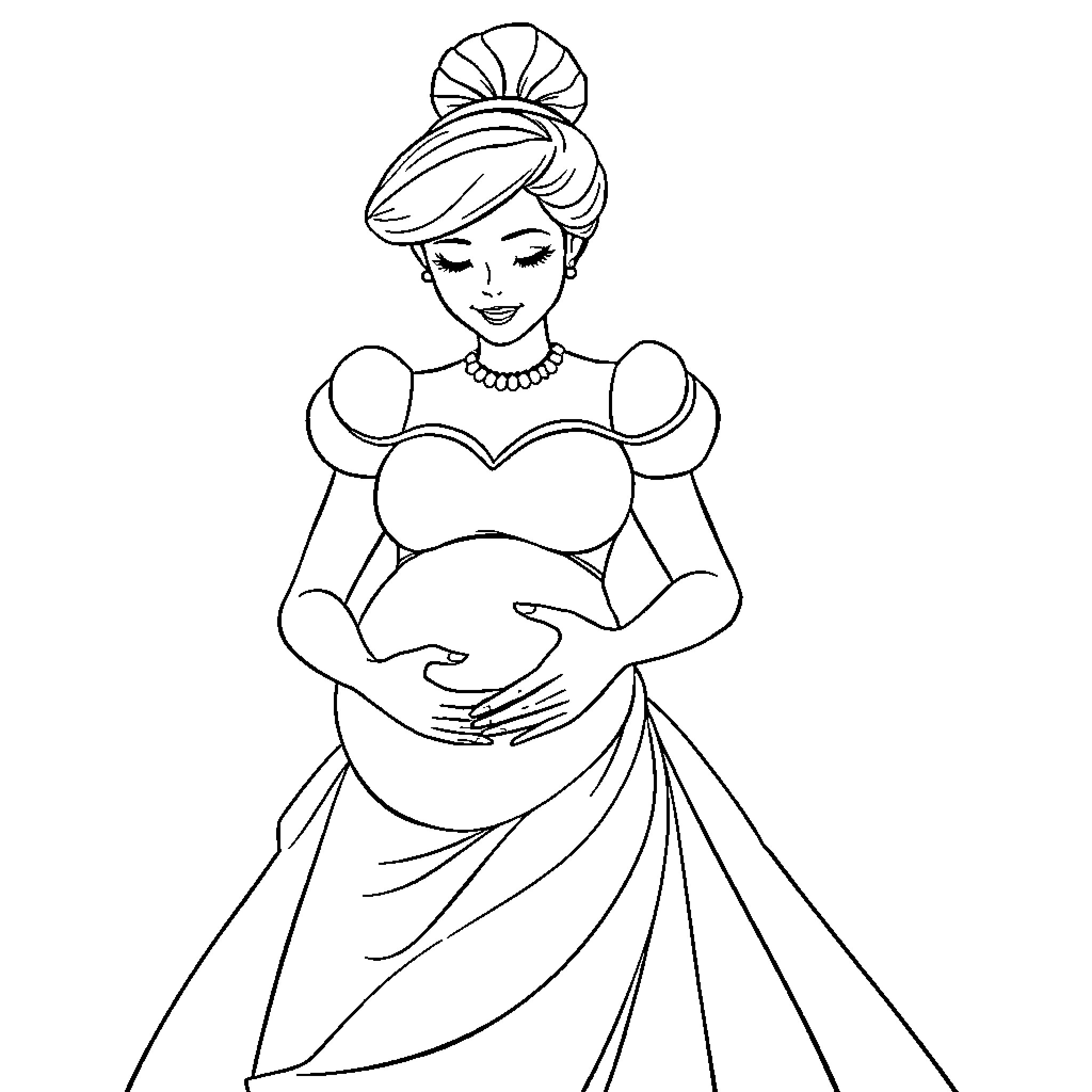 Cinderella in her beautiful ball gown Coloring Page (free black-and-white line drawing printable PDF for all, from beginners to advanced learners, including children, teens, adults, and seniors)