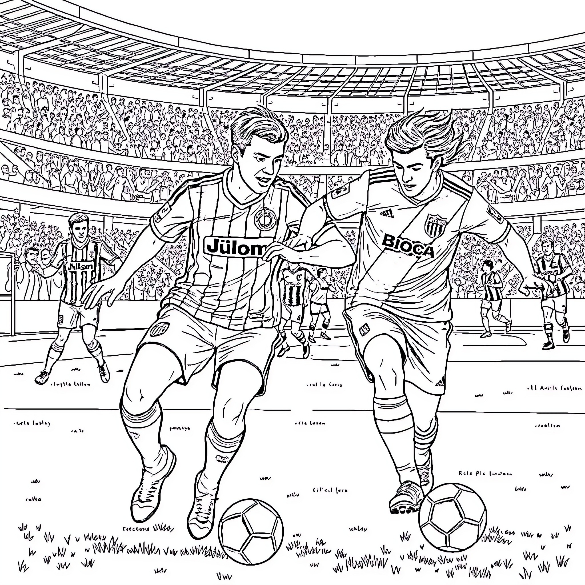 Football Club Players Competing on the Field Coloring Page (free black-and-white line drawing printable PDF for all, from beginners to advanced learners, including children, teens, adults, and seniors)