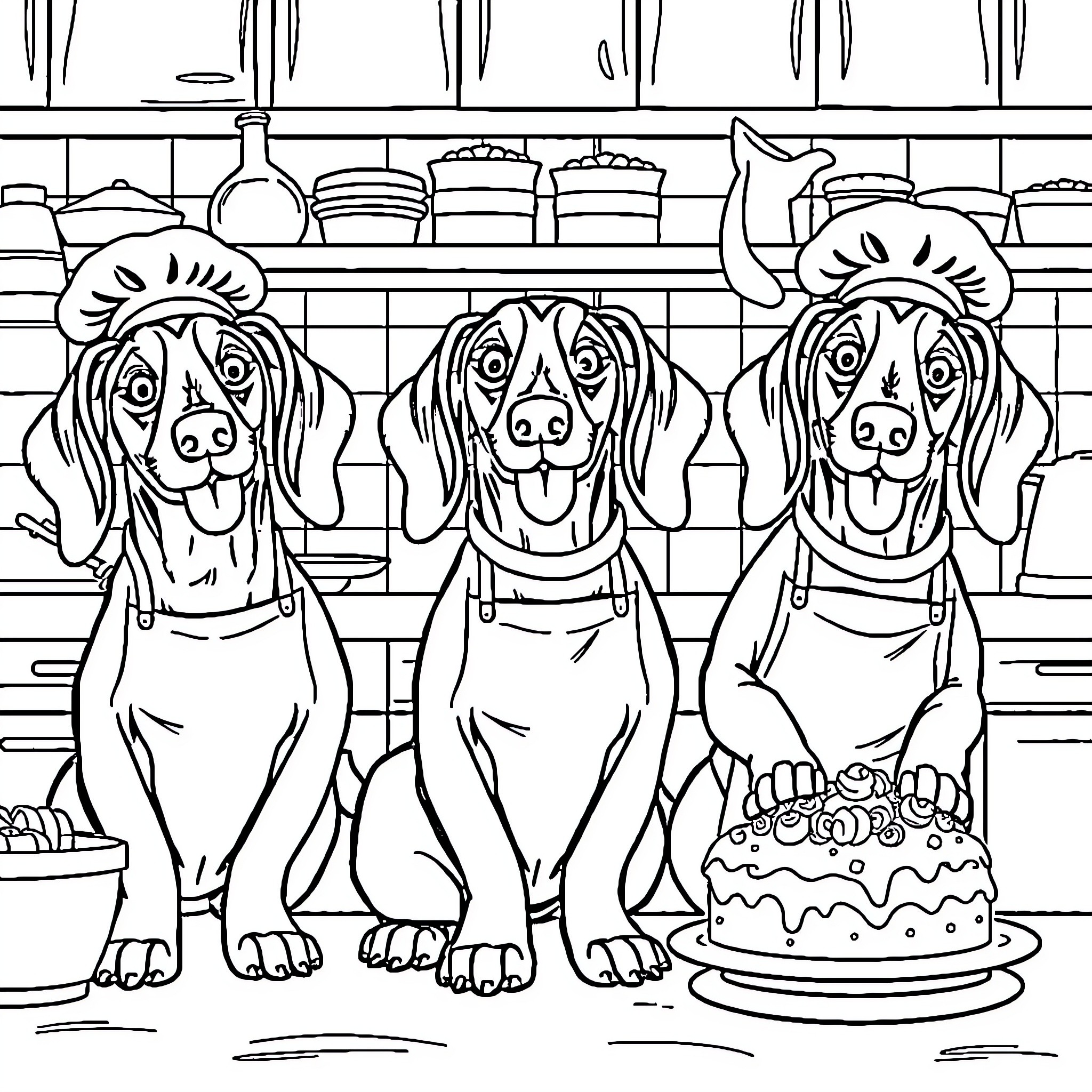 Weiner Dogs Baking Cakes in the Kitchen Coloring Page (free black-and-white line drawing printable PDF for all, from beginners to advanced learners, including children, teens, adults, and seniors)