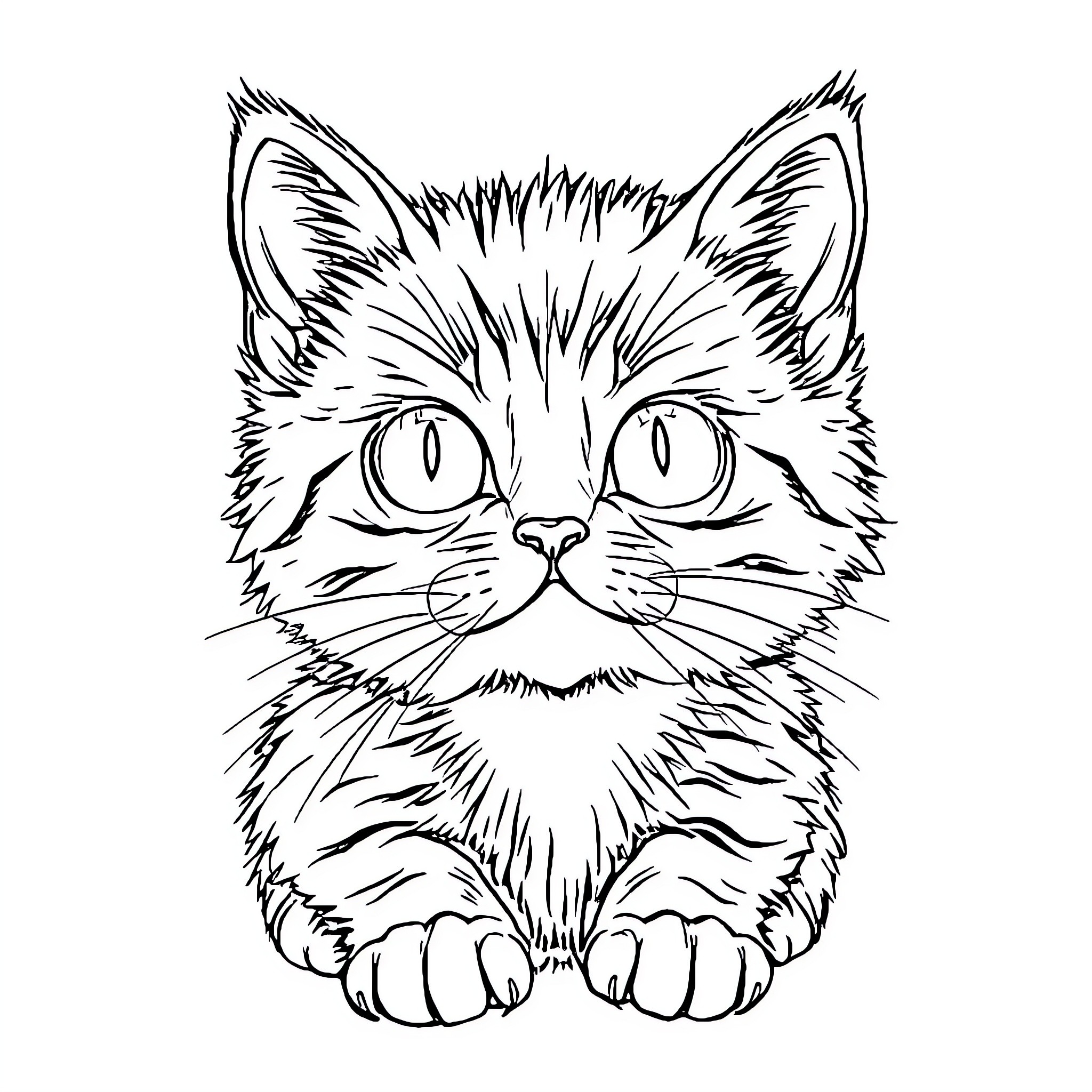 Kitten with big eyes and fluffy fur Coloring Page (free black-and-white line drawing printable PDF for all, from beginners to advanced learners, including children, teens, adults, and seniors)