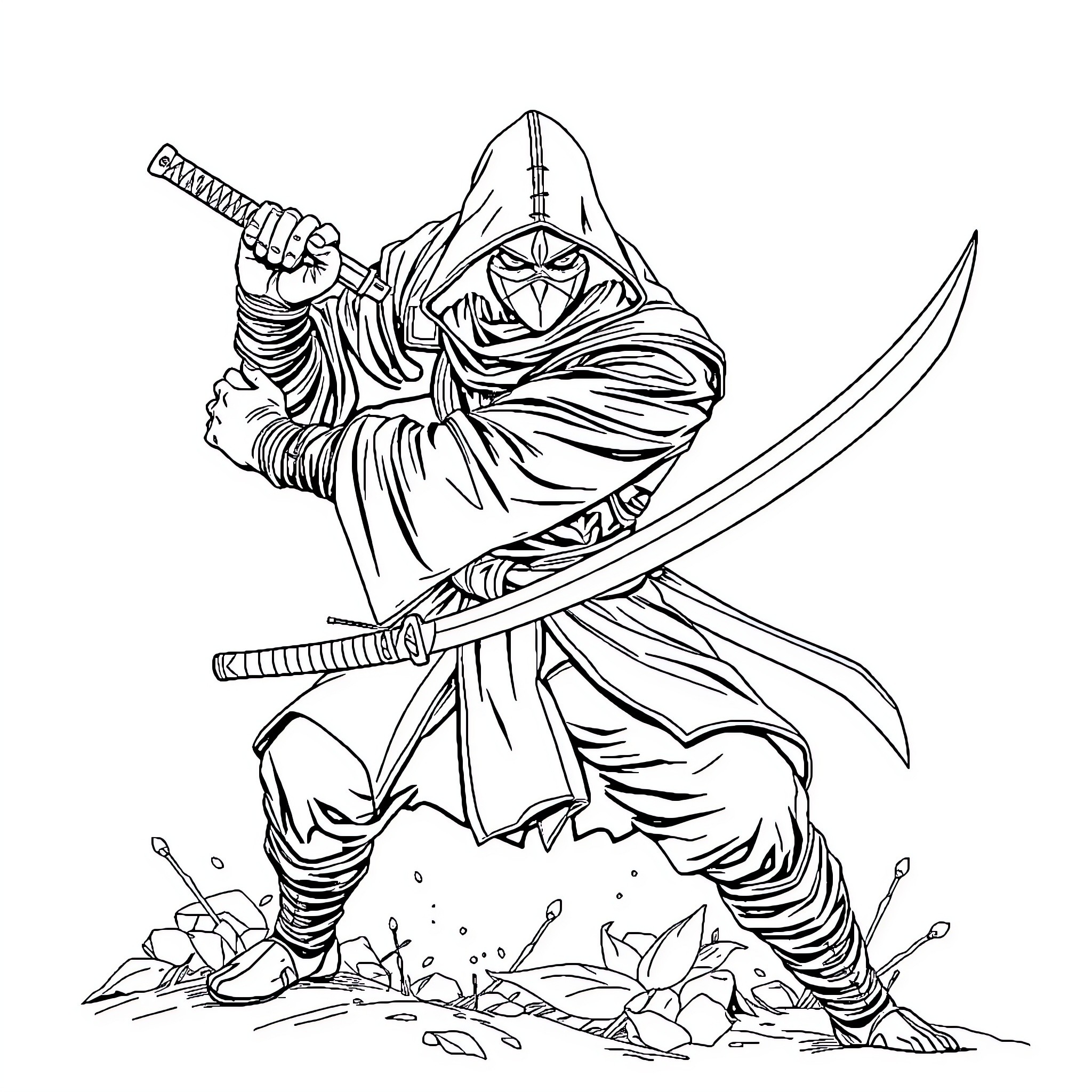 Power Ranger Warrior in Fierce Battle Stance Coloring Page (free black-and-white line drawing printable PDF for all, from beginners to advanced learners, including children, teens, adults, and seniors)