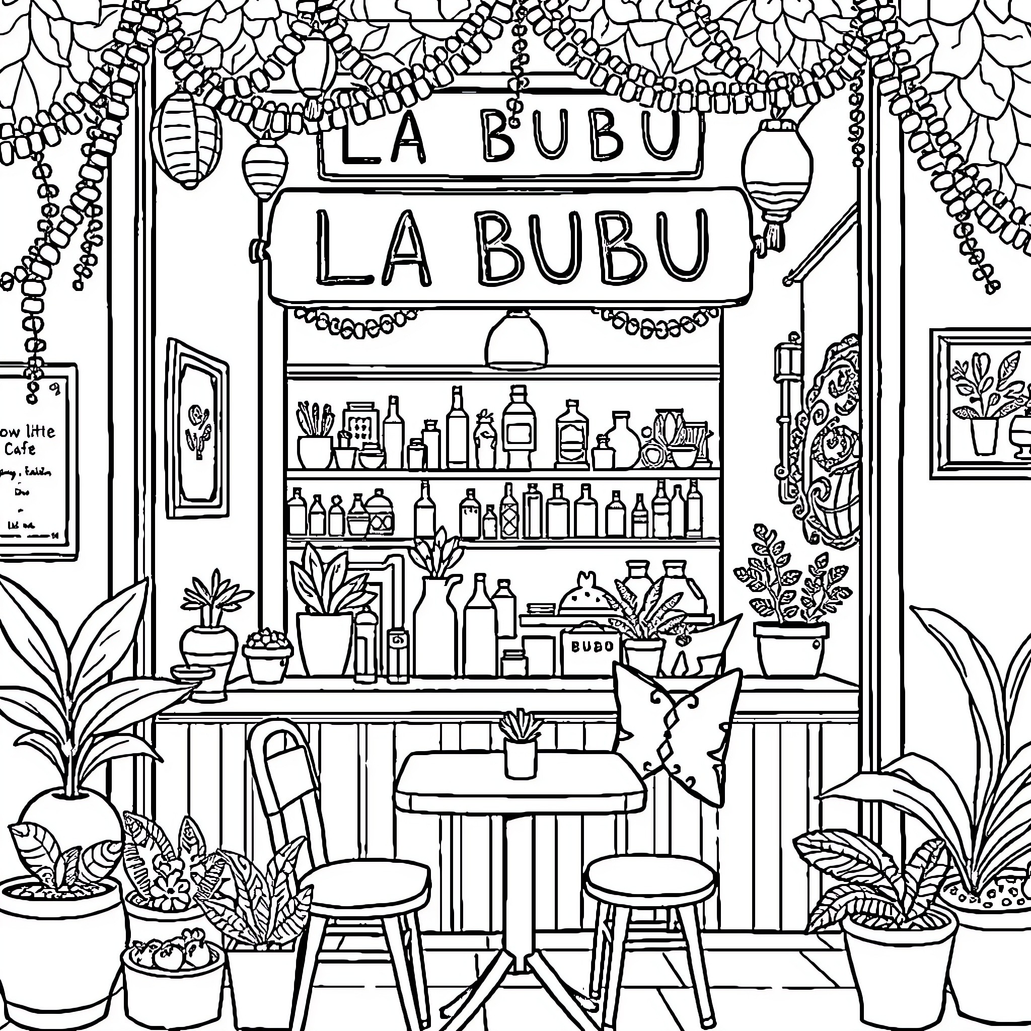 La Bubu: Whimsical Apothecary Storefront with Diverse Botanical Decor Coloring Page (free black-and-white line drawing printable PDF for all, from beginners to advanced learners, including children, teens, adults, and seniors)