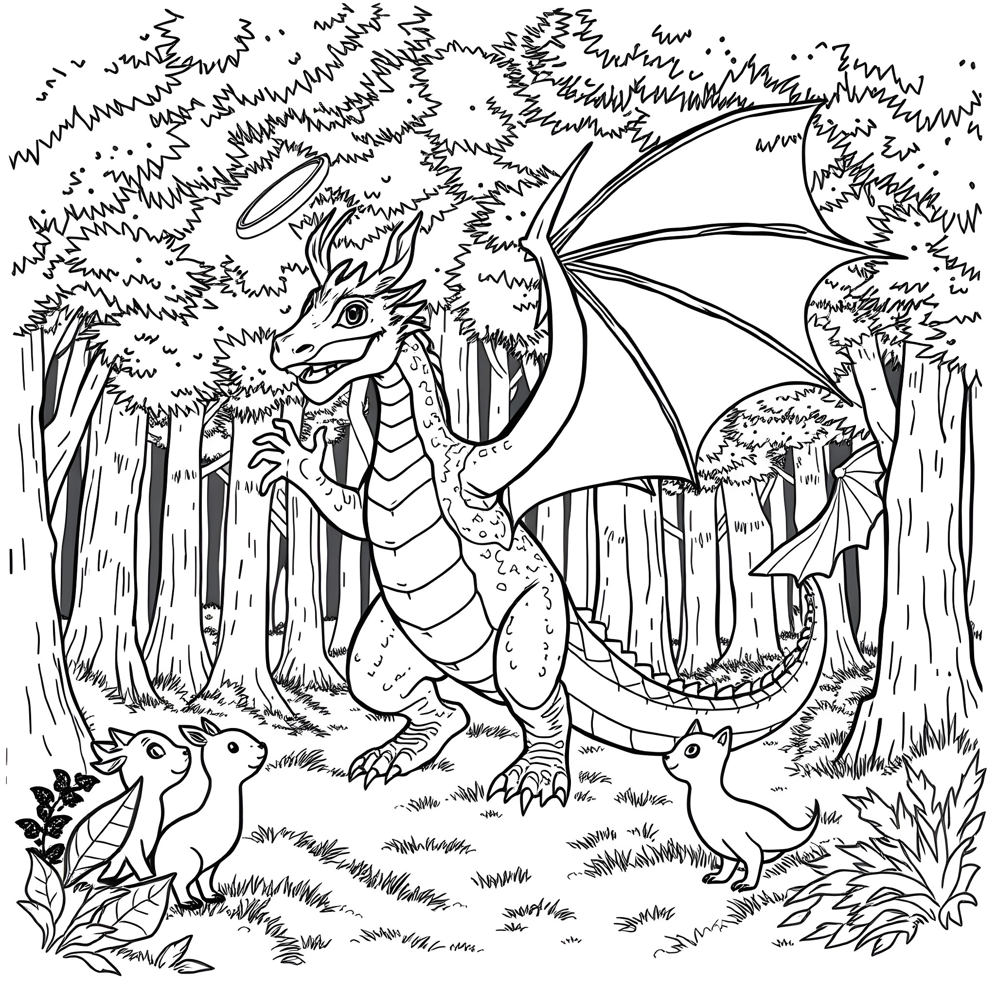 Dragon exploring the enchanted forest with woodland creatures Coloring Page (free black-and-white line drawing printable PDF for all, from beginners to advanced learners, including children, teens, adults, and seniors)