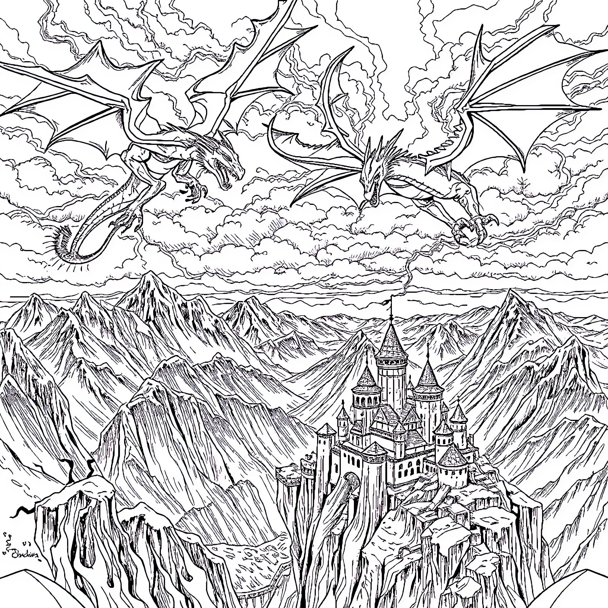 Dragon's Majestic Descent Over Enchanted Castle Coloring Page (free black-and-white line drawing printable PDF for all, from beginners to advanced learners, including children, teens, adults, and seniors)