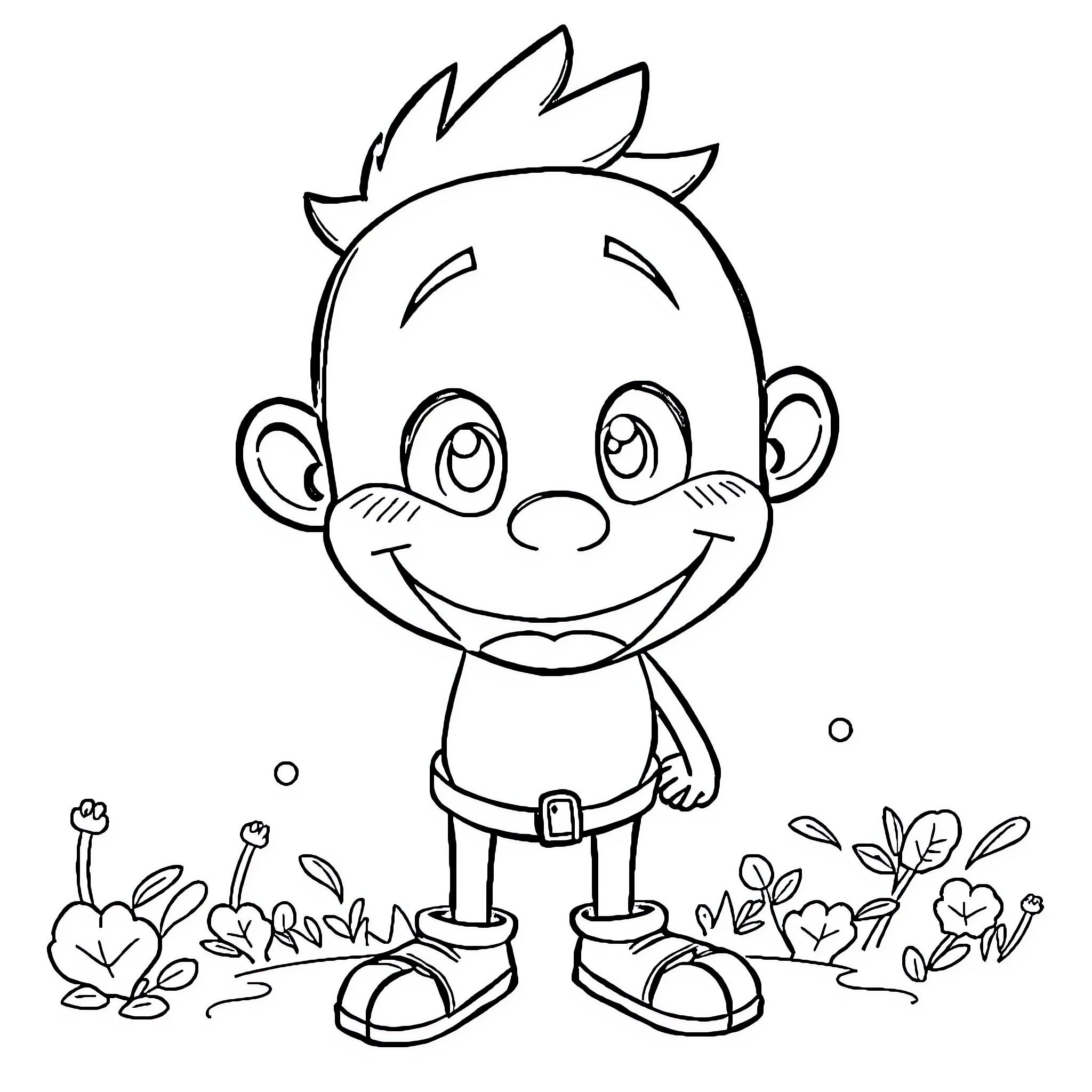 Jiinzo's cheerful garden adventure Coloring Page (free black-and-white line drawing printable PDF for all, from beginners to advanced learners, including children, teens, adults, and seniors)