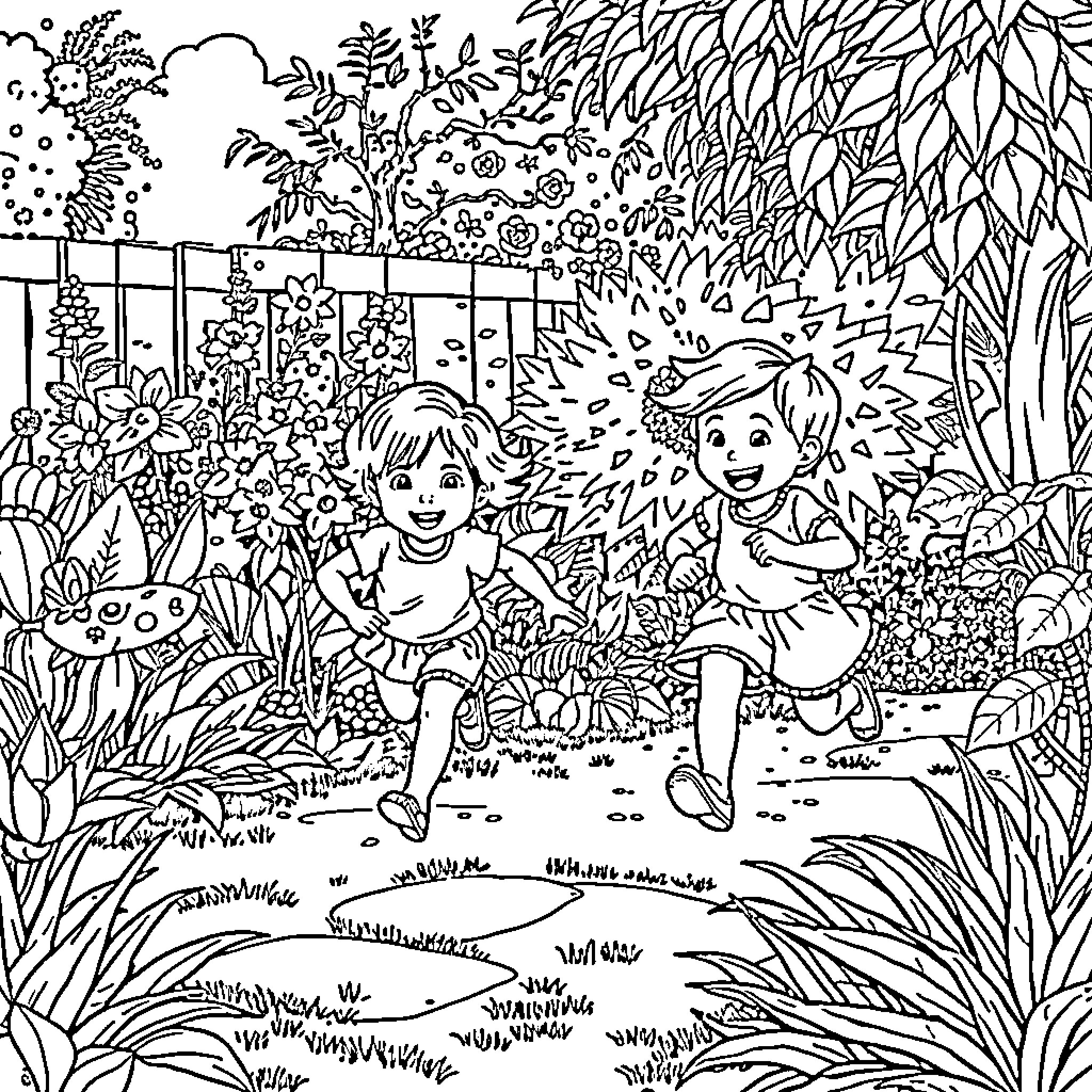 Kid Exploring Vibrant Garden with Friend Coloring Page (free black-and-white line drawing printable PDF for all, from beginners to advanced learners, including children, teens, adults, and seniors)