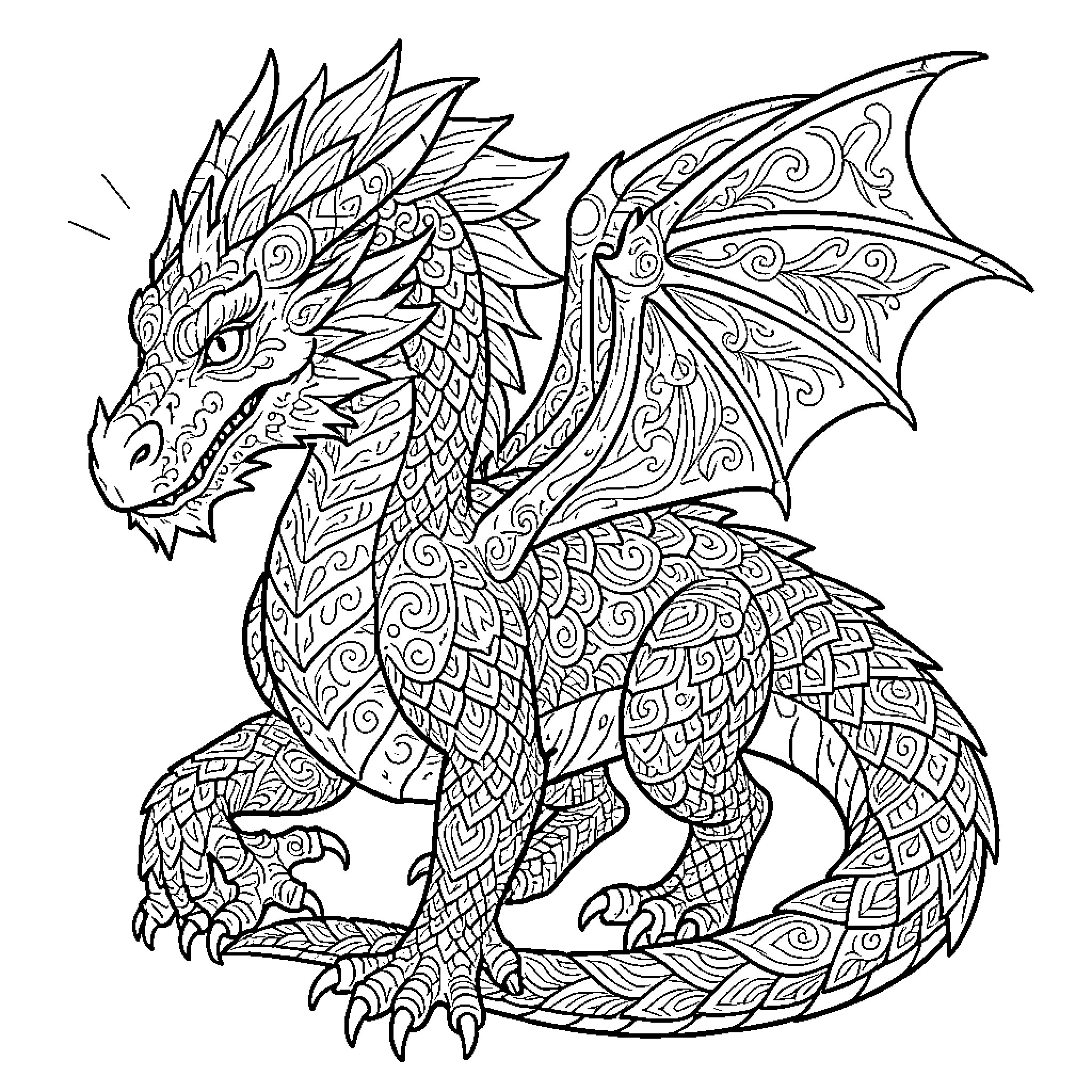 Dragon standing proudly with intricate patterned scales Coloring Page (free black-and-white line drawing printable PDF for all, from beginners to advanced learners, including children, teens, adults, and seniors)