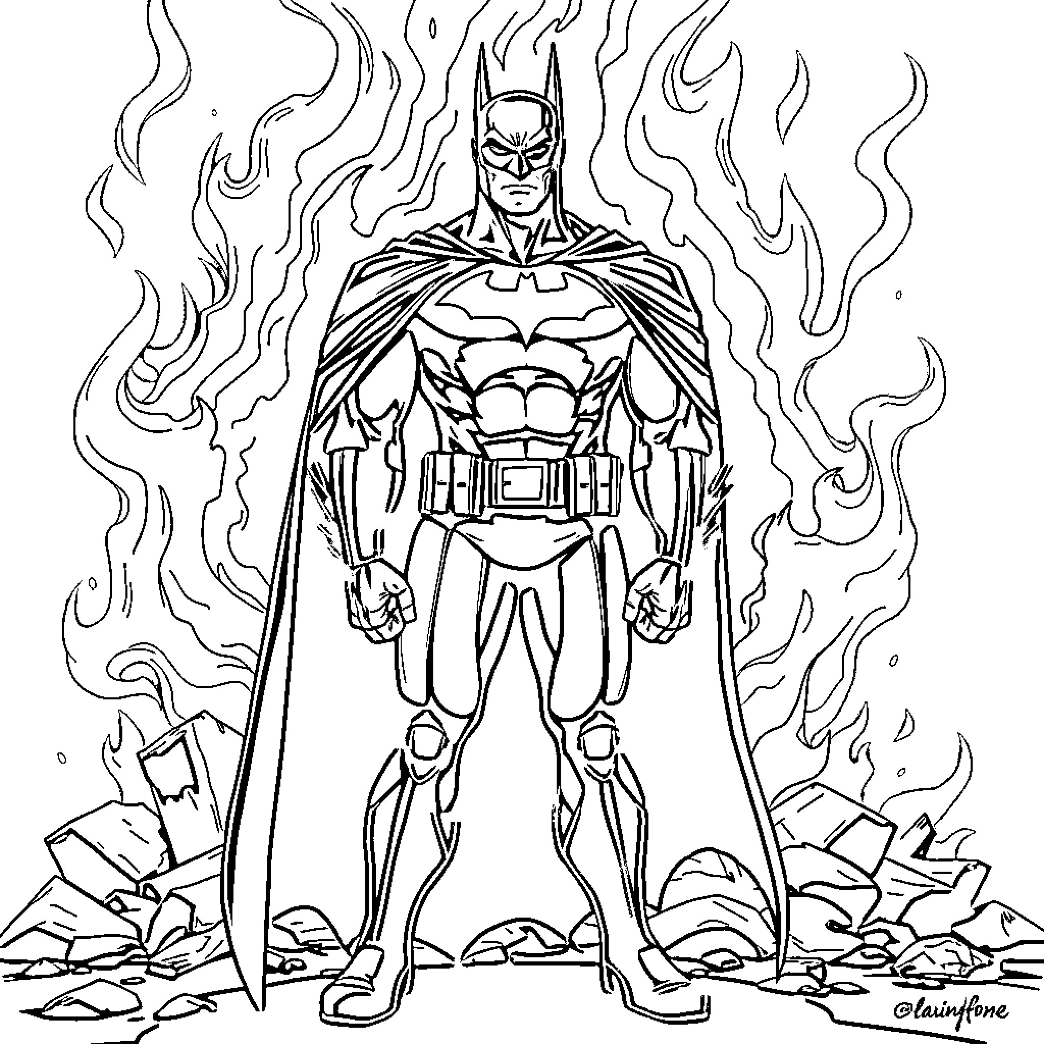 Batman battling fiery evil in the city Coloring Page (free black-and-white line drawing printable PDF for all, from beginners to advanced learners, including children, teens, adults, and seniors)