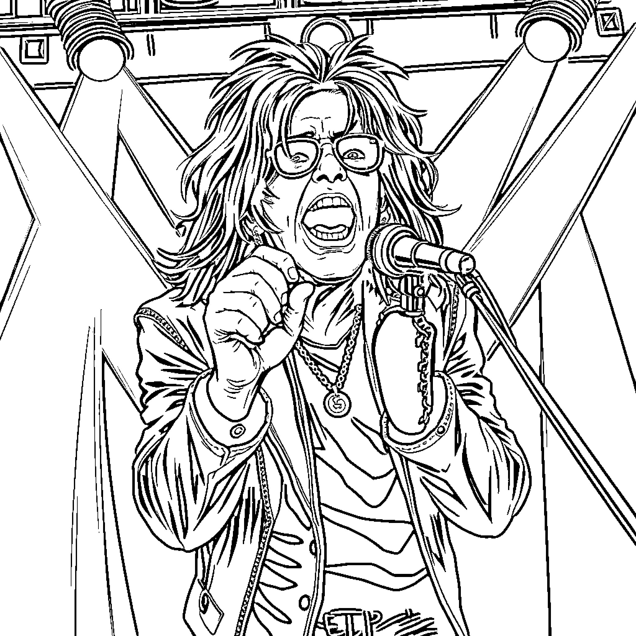 Ozzy Osbourne Performing Passionately on Stage Coloring Page (free black-and-white line drawing printable PDF for all, from beginners to advanced learners, including children, teens, adults, and seniors)
