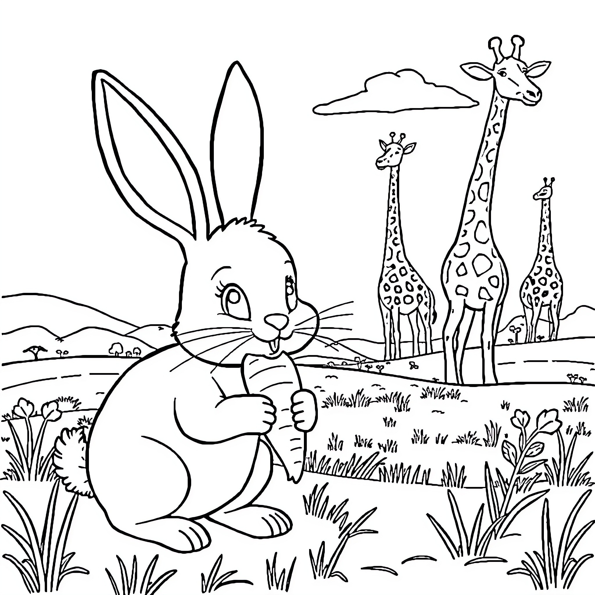 Bunny in the Savanna with Giraffes Coloring Page (free black-and-white line drawing printable PDF for all, from beginners to advanced learners, including children, teens, adults, and seniors)